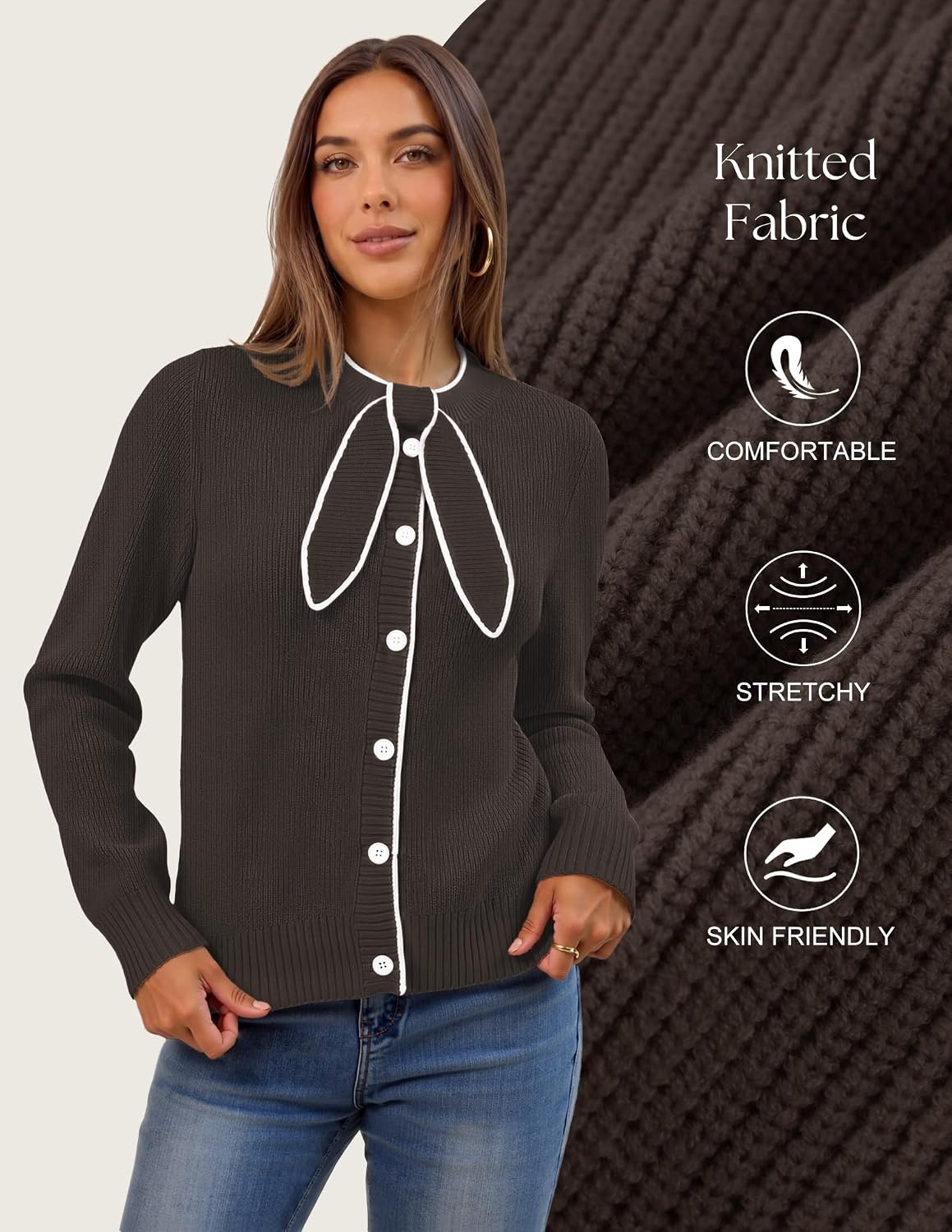 image:imageMEROKEETY Womens Fall 2026 Long Sleeve Cardigan Tie Front Knit SweatersCoffee