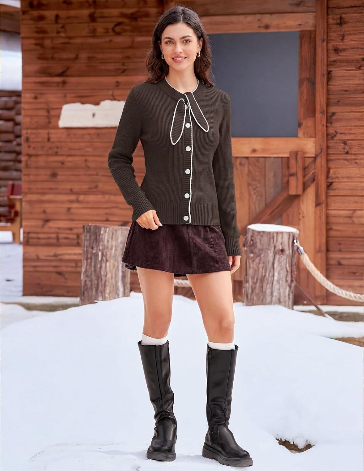 image:imageMEROKEETY Womens Fall 2026 Long Sleeve Cardigan Tie Front Knit SweatersCoffee