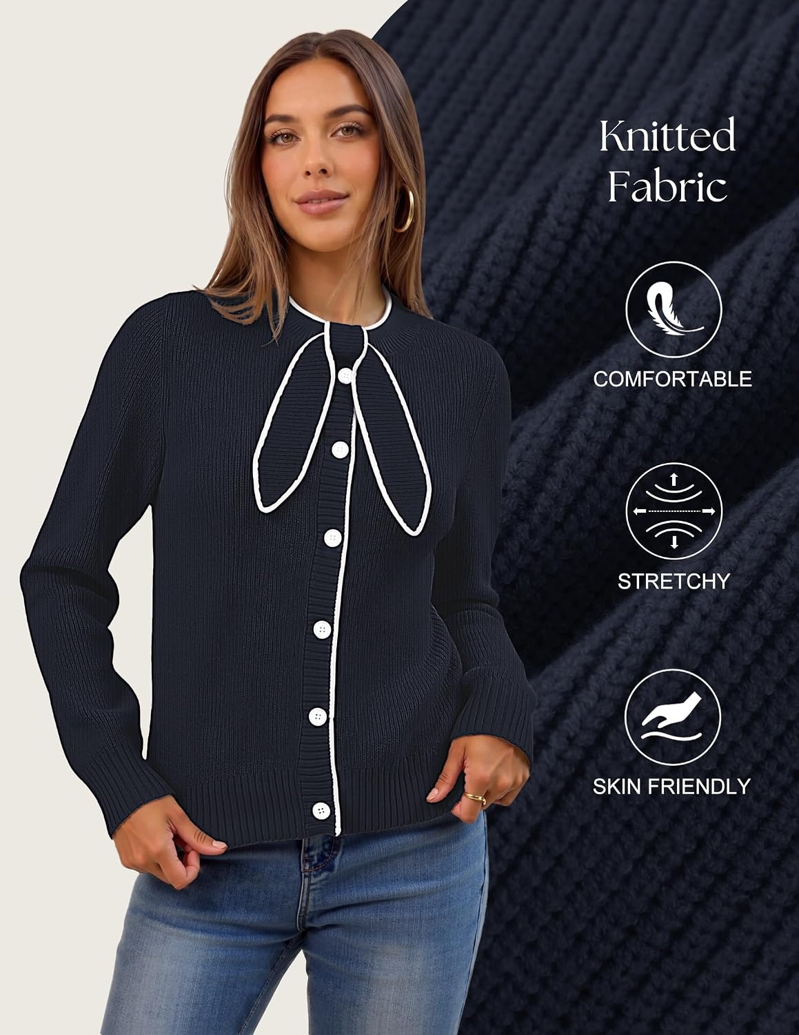 image:imageMEROKEETY Womens Fall 2026 Long Sleeve Cardigan Tie Front Knit SweatersNavy