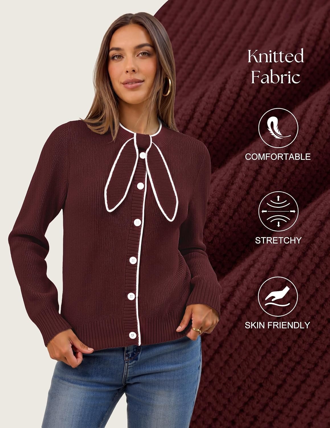 image:imageMEROKEETY Womens Fall 2026 Long Sleeve Cardigan Tie Front Knit SweatersWine