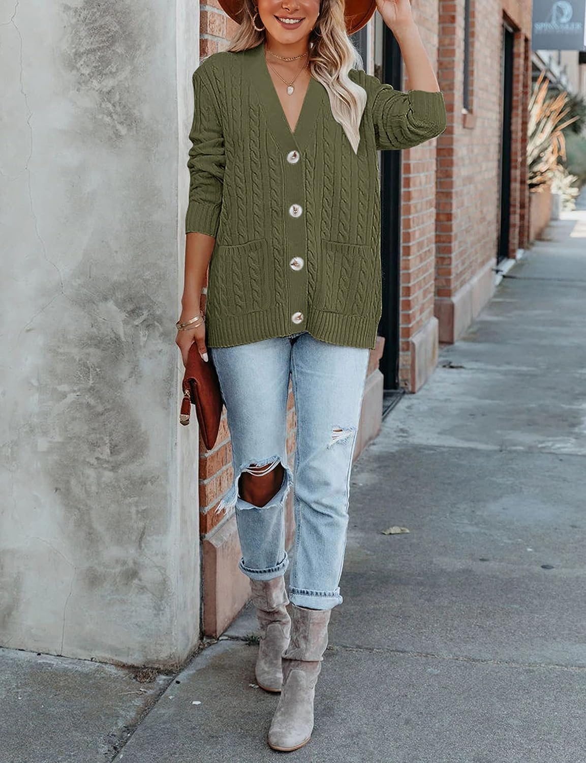 image:imageMEROKEETY Womens Fall Cable Knit Button Up Oversized Light Cardigan SweaterArmy Green