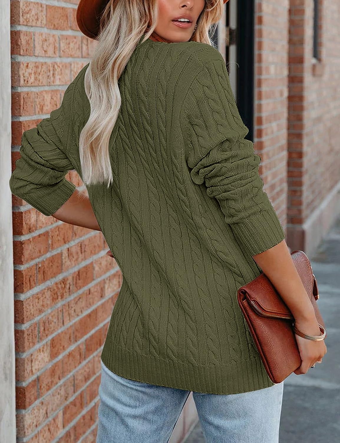 image:imageMEROKEETY Womens Fall Cable Knit Button Up Oversized Light Cardigan SweaterArmy Green