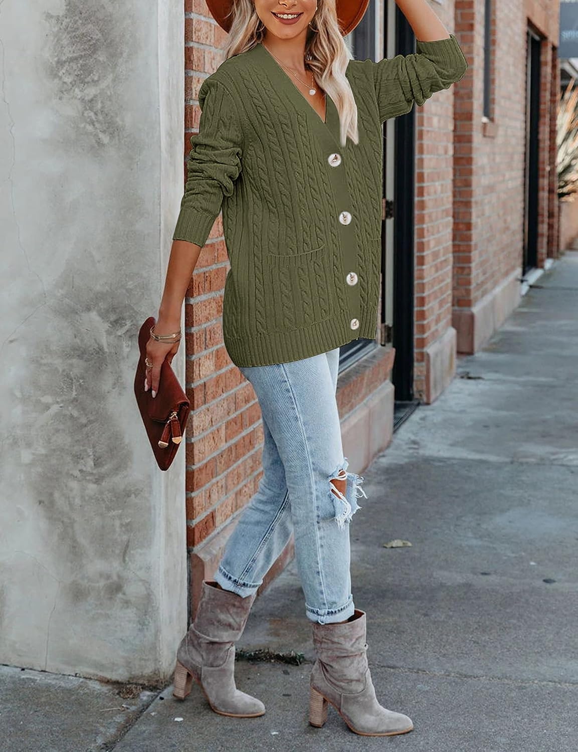 image:imageMEROKEETY Womens Fall Cable Knit Button Up Oversized Light Cardigan SweaterArmy Green