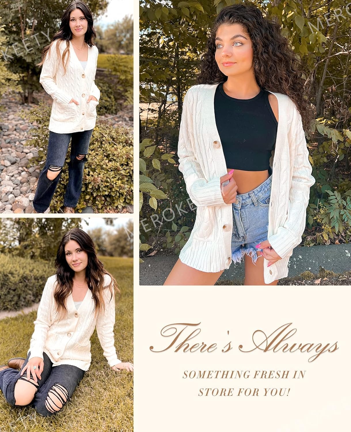 image:imageMEROKEETY Womens Fall Cable Knit Button Up Oversized Light Cardigan SweaterBeige