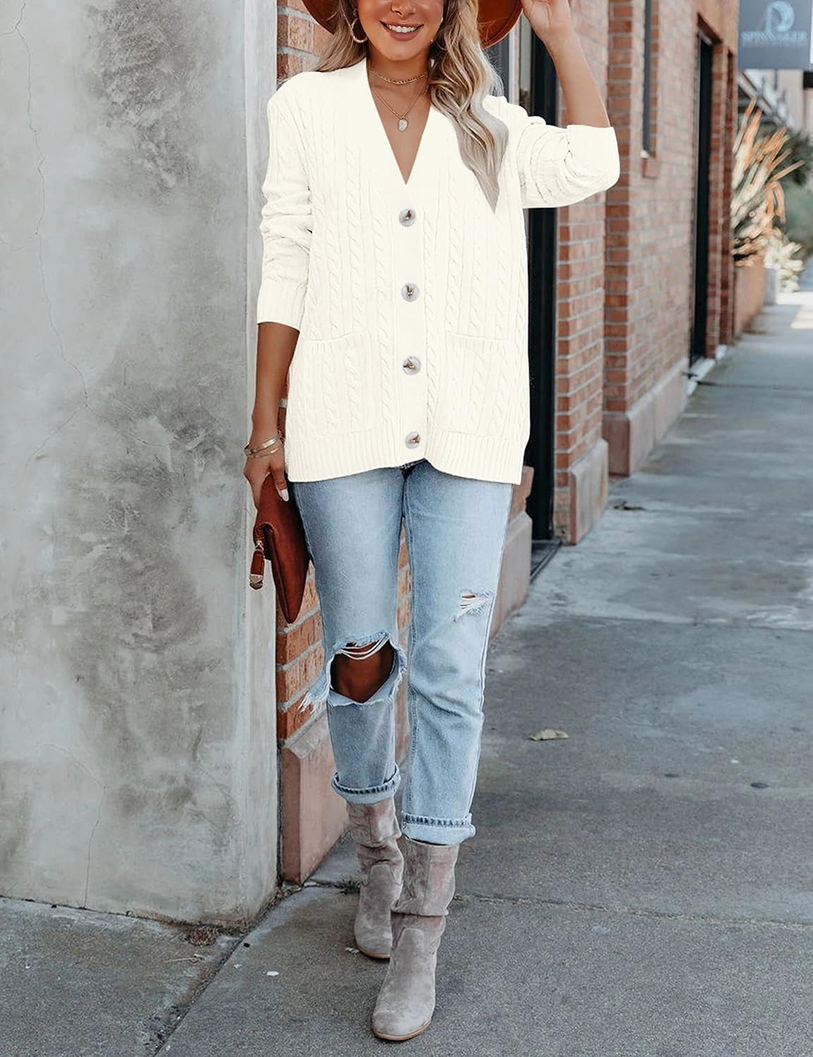 image:imageMEROKEETY Womens Fall Cable Knit Button Up Oversized Light Cardigan SweaterBeige