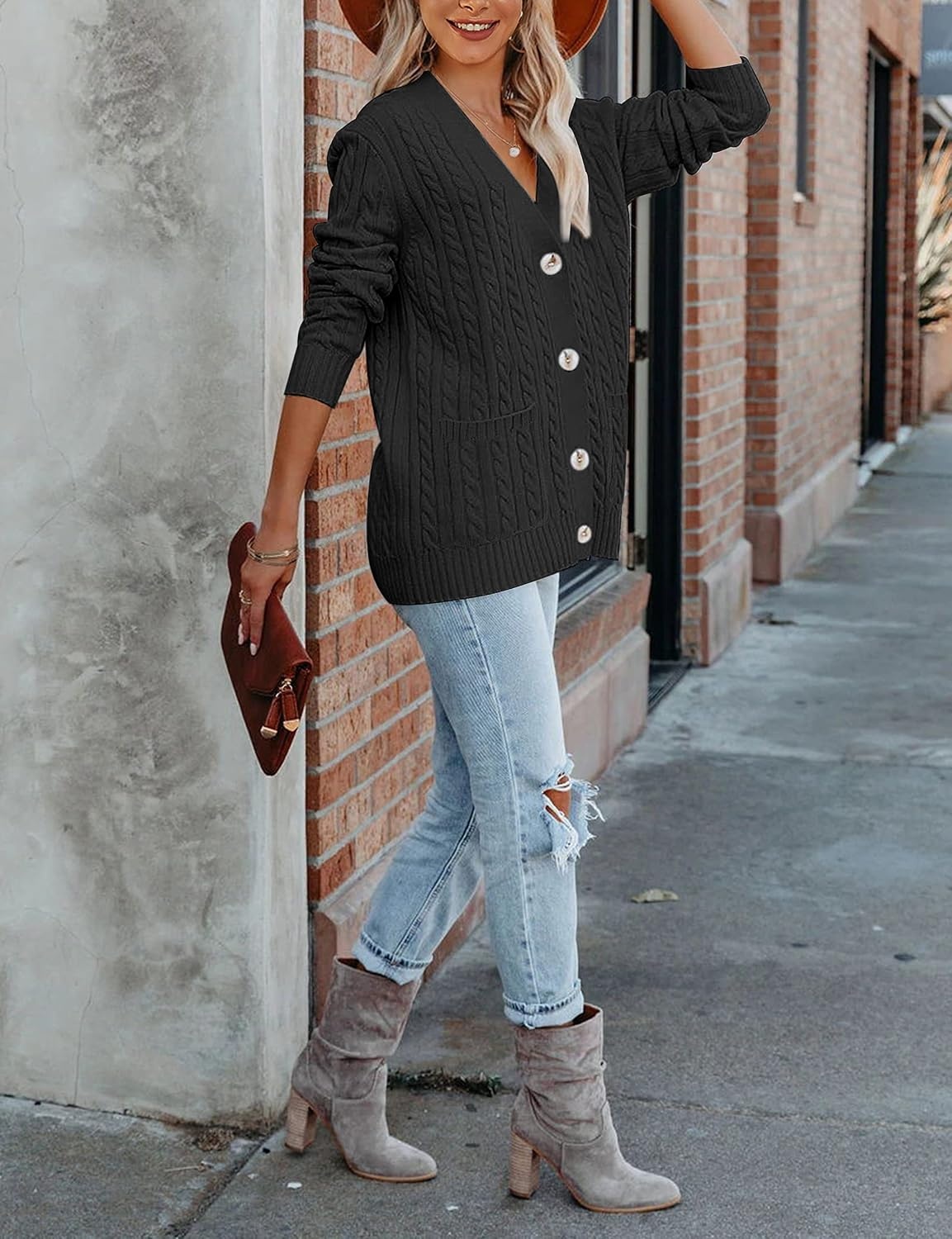 image:imageMEROKEETY Womens Fall Cable Knit Button Up Oversized Light Cardigan SweaterBlack