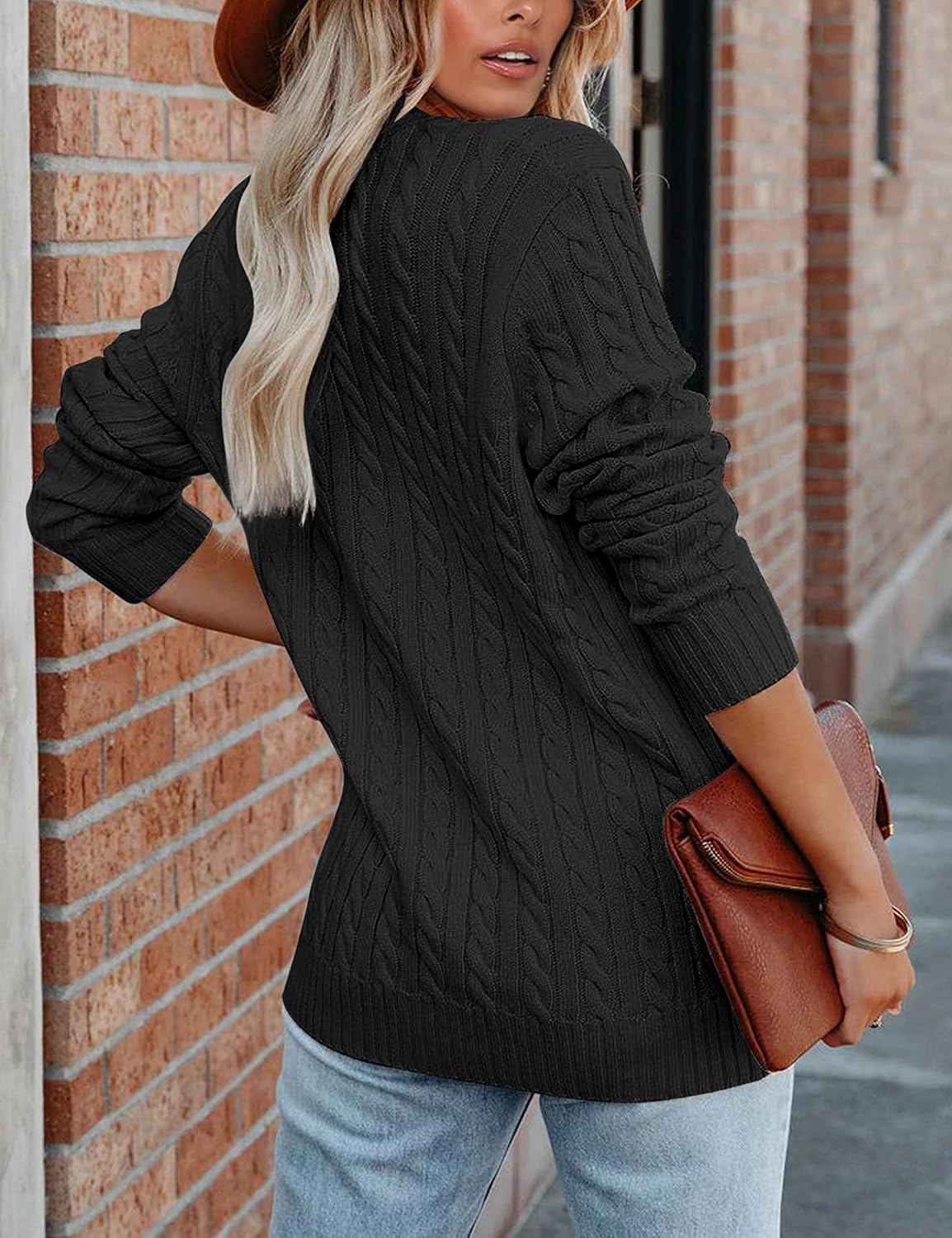 image:imageMEROKEETY Womens Fall Cable Knit Button Up Oversized Light Cardigan SweaterBlack