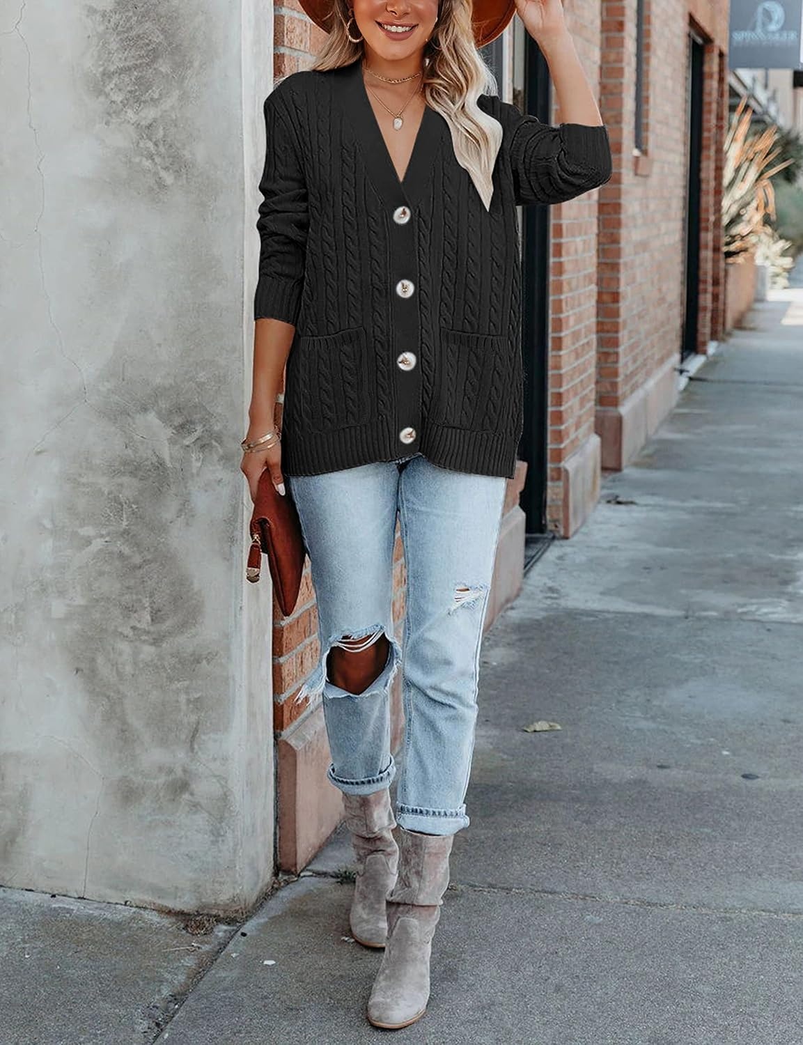 image:imageMEROKEETY Womens Fall Cable Knit Button Up Oversized Light Cardigan SweaterBlack