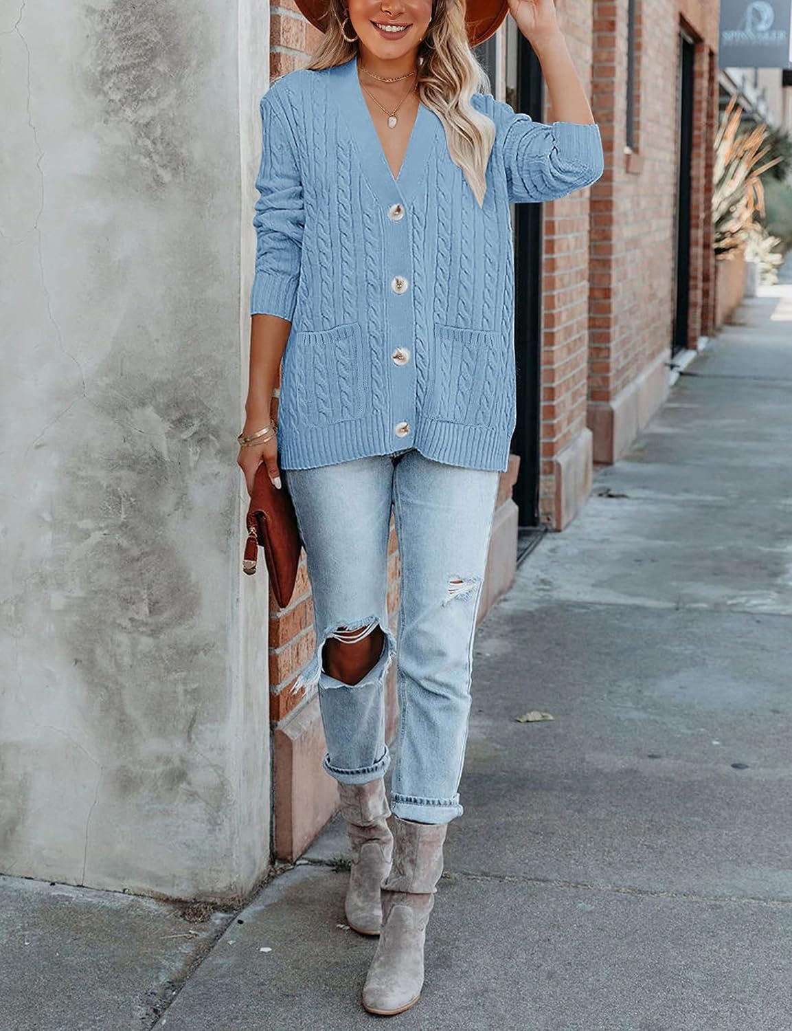 image:imageMEROKEETY Womens Fall Cable Knit Button Up Oversized Light Cardigan SweaterBlue