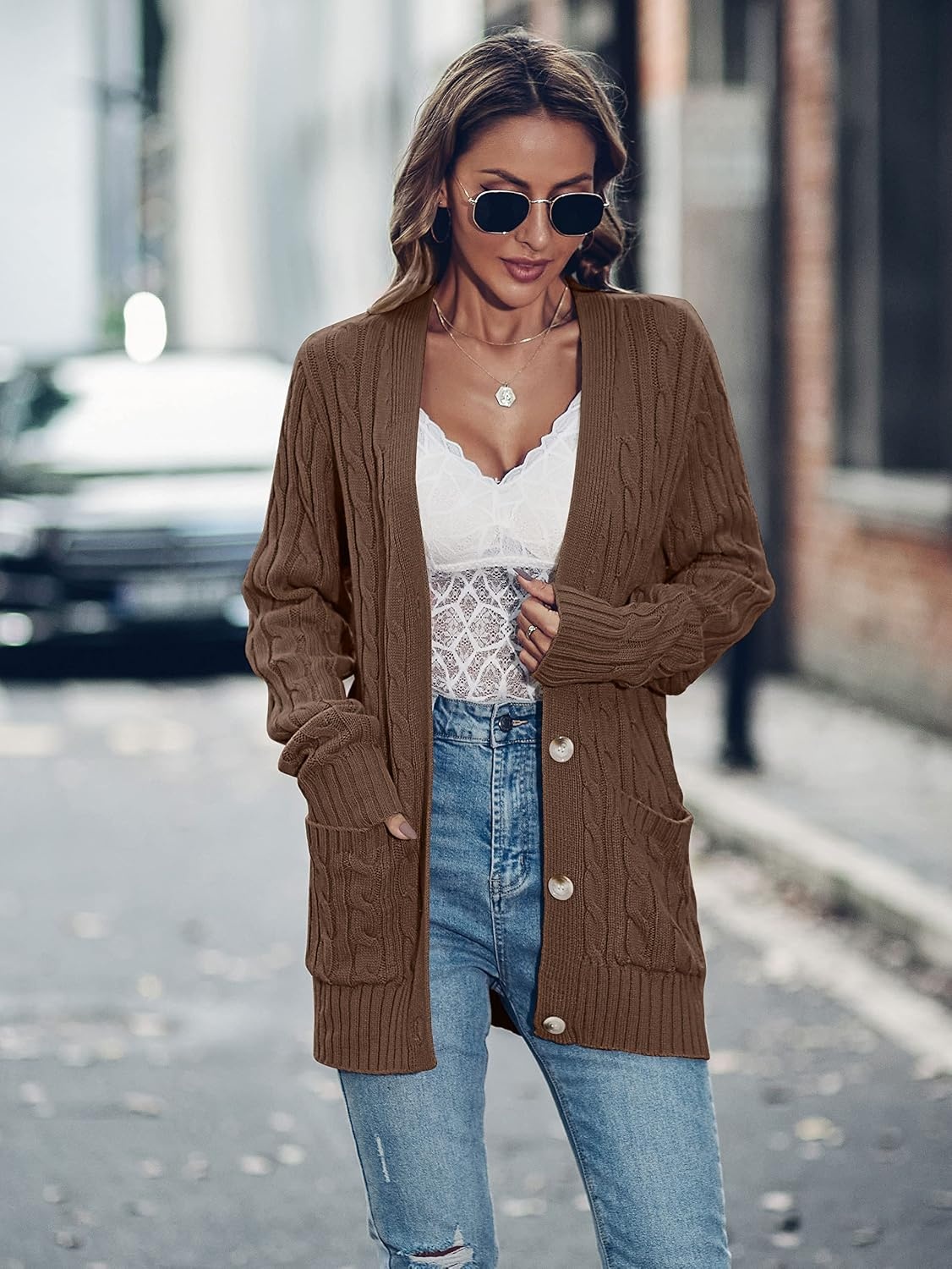 image:imageMEROKEETY Womens Fall Cable Knit Button Up Oversized Light Cardigan SweaterCoffee