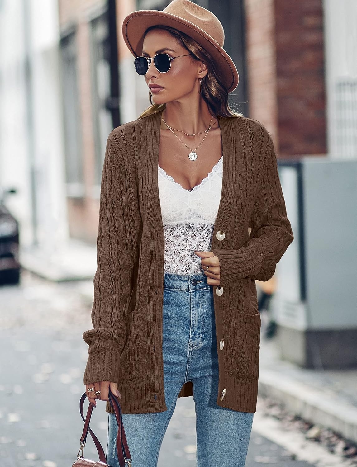 image:imageMEROKEETY Womens Fall Cable Knit Button Up Oversized Light Cardigan SweaterCoffee