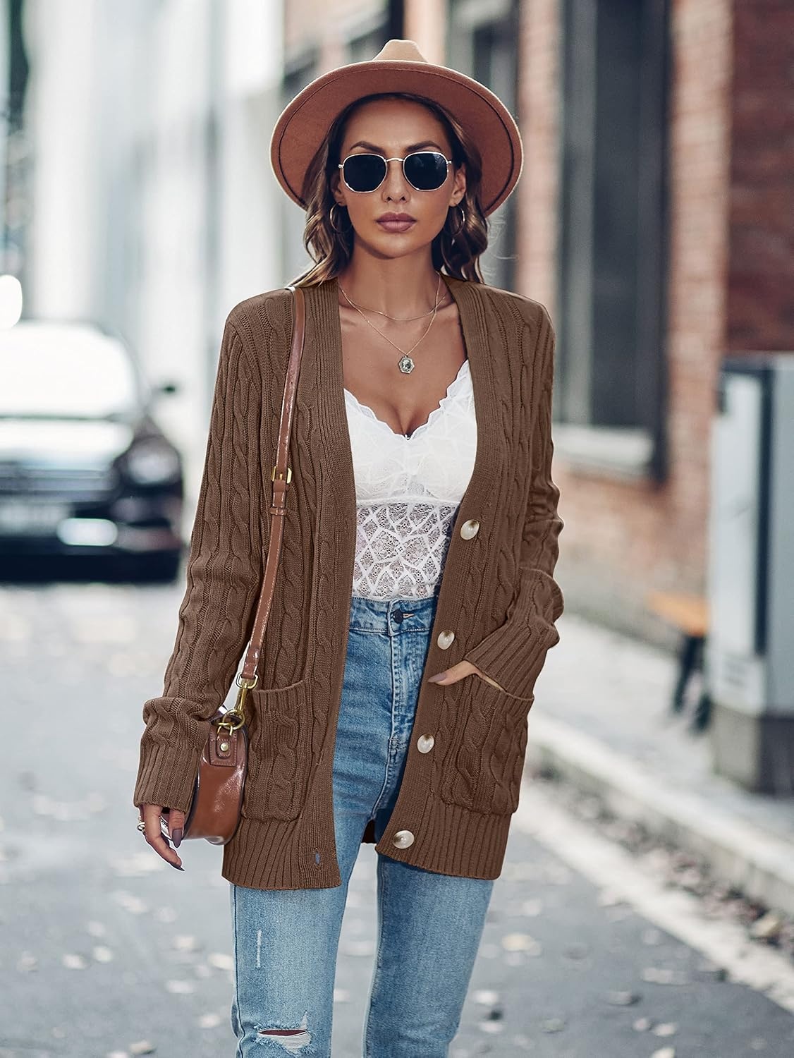 image:imageMEROKEETY Womens Fall Cable Knit Button Up Oversized Light Cardigan SweaterCoffee