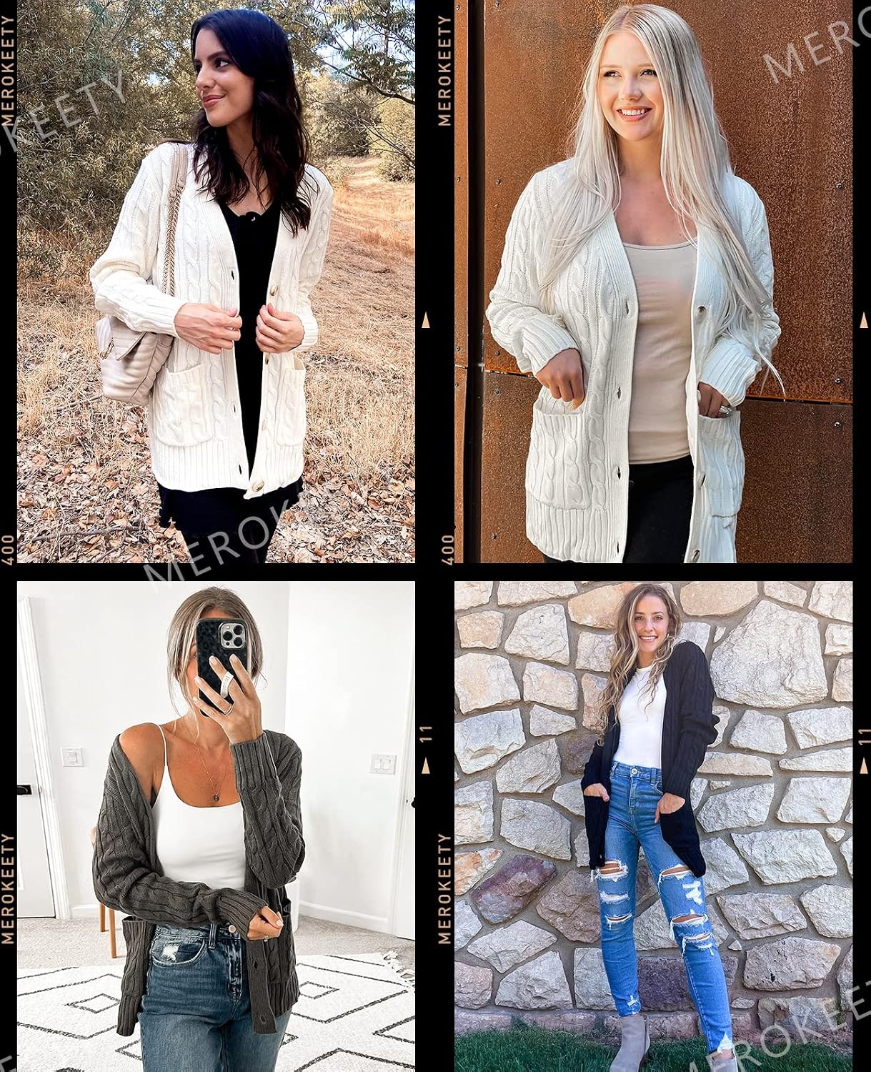 image:imageMEROKEETY Womens Fall Cable Knit Button Up Oversized Light Cardigan SweaterDark Grey
