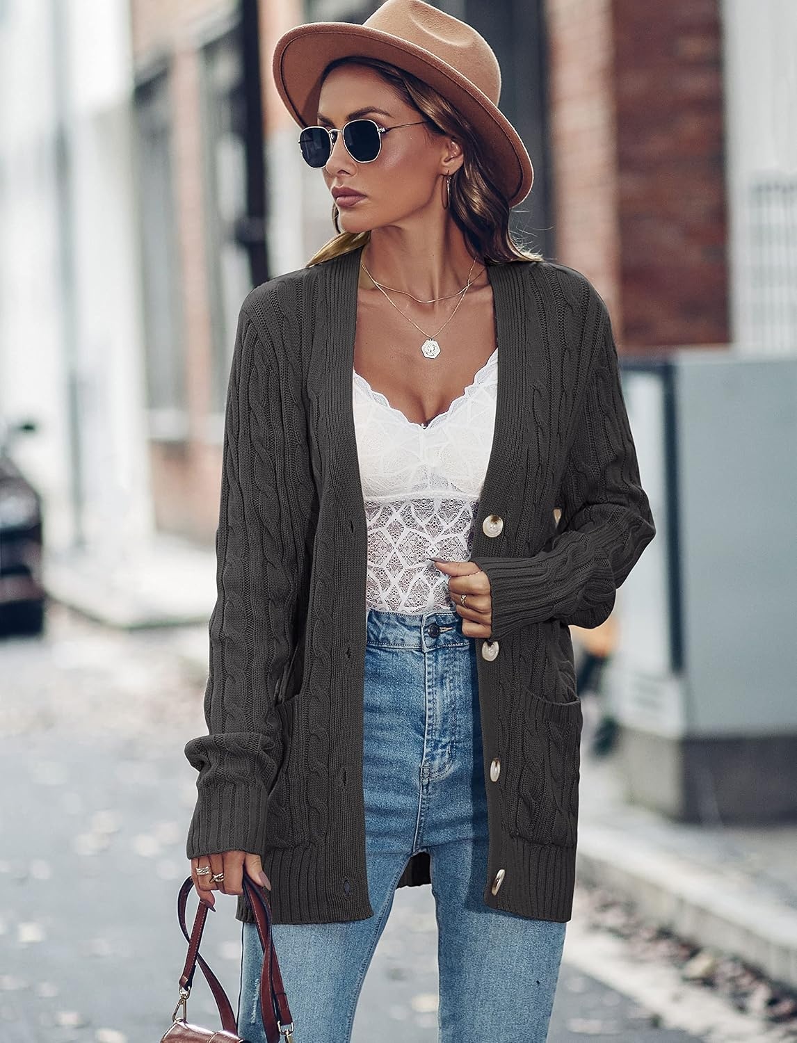 image:imageMEROKEETY Womens Fall Cable Knit Button Up Oversized Light Cardigan SweaterDark Grey