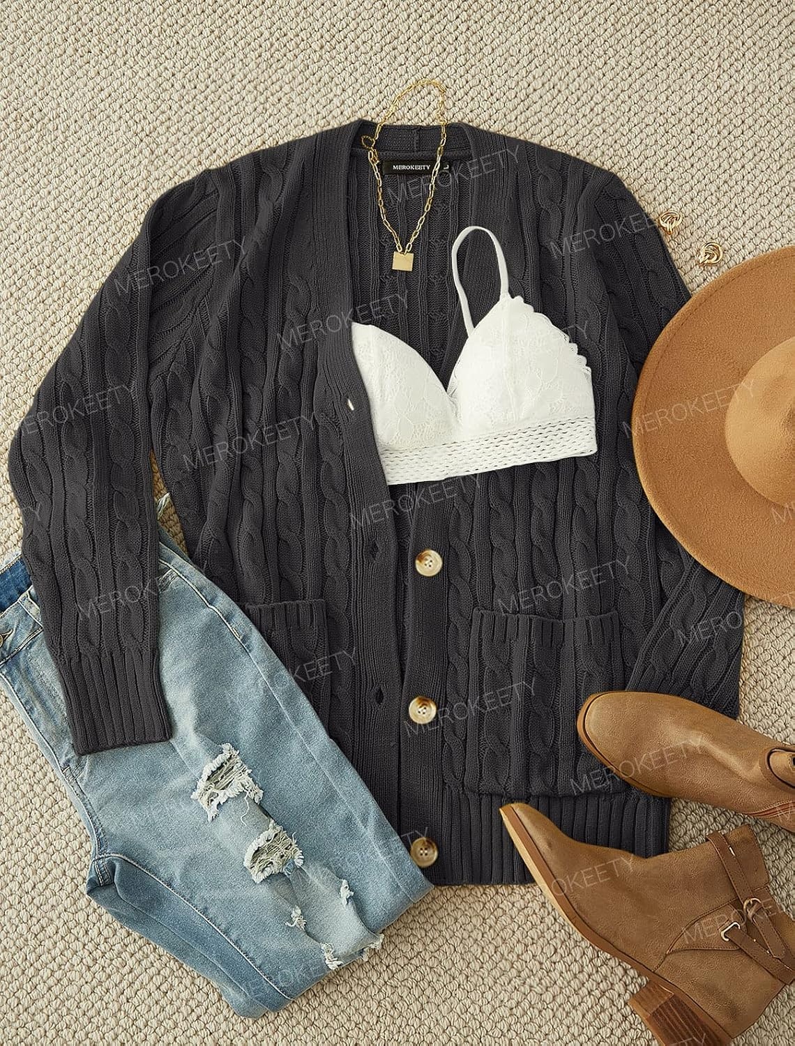 image:imageMEROKEETY Womens Fall Cable Knit Button Up Oversized Light Cardigan SweaterDark Grey