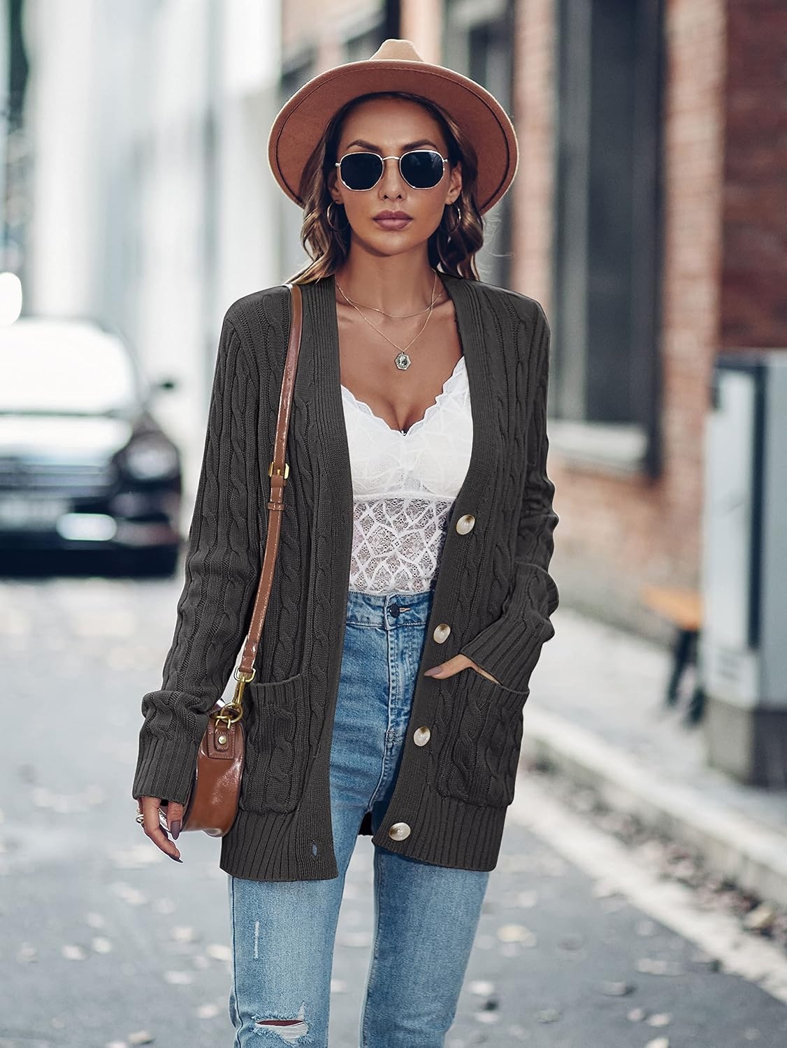 image:imageMEROKEETY Womens Fall Cable Knit Button Up Oversized Light Cardigan SweaterDark Grey
