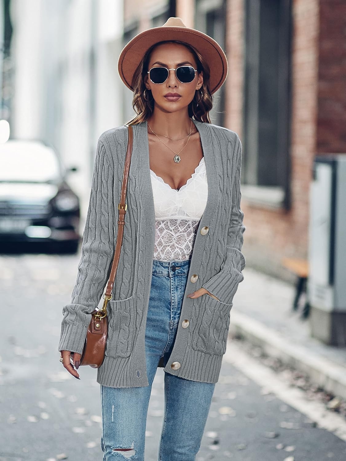 image:imageMEROKEETY Womens Fall Cable Knit Button Up Oversized Light Cardigan SweaterGrey