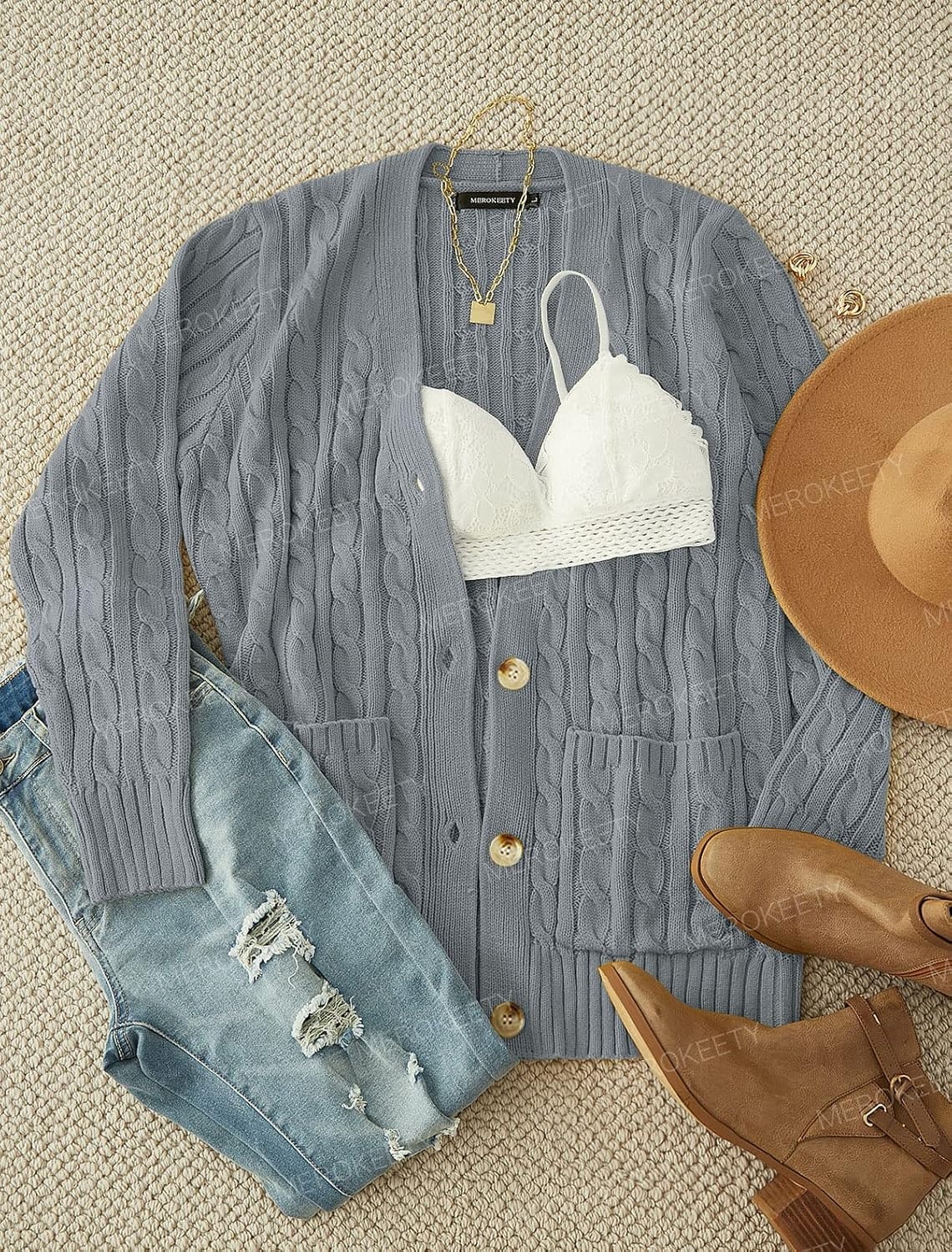 image:imageMEROKEETY Womens Fall Cable Knit Button Up Oversized Light Cardigan SweaterGrey