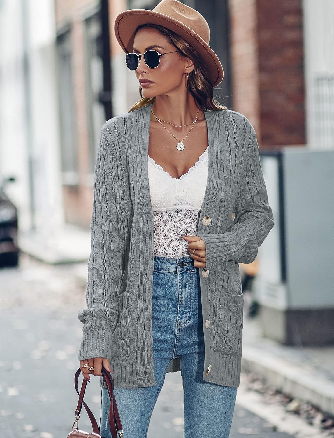 image:imageMEROKEETY Womens Fall Cable Knit Button Up Oversized Light Cardigan SweaterGrey