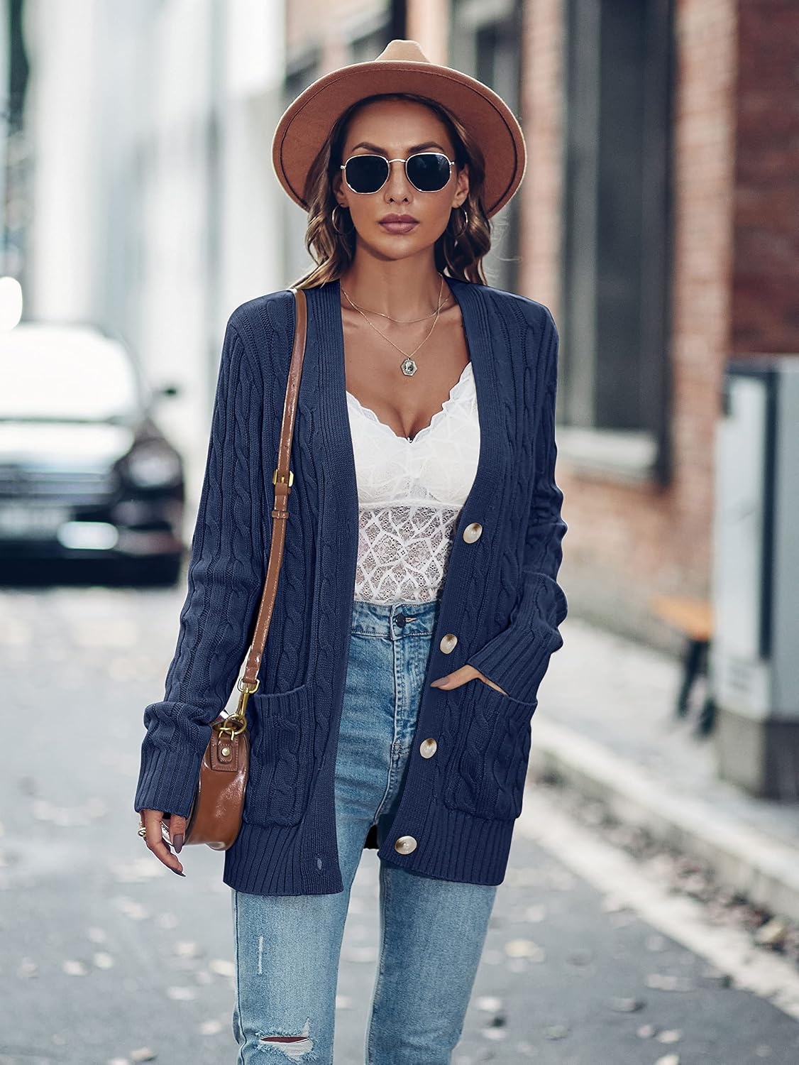 image:imageMEROKEETY Womens Fall Cable Knit Button Up Oversized Light Cardigan SweaterNavy