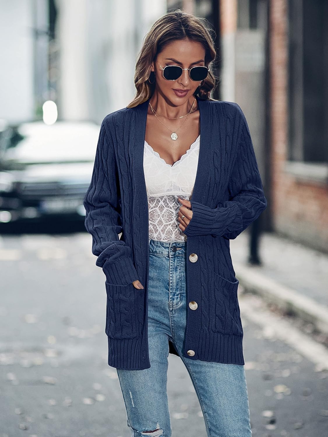 image:imageMEROKEETY Womens Fall Cable Knit Button Up Oversized Light Cardigan SweaterNavy