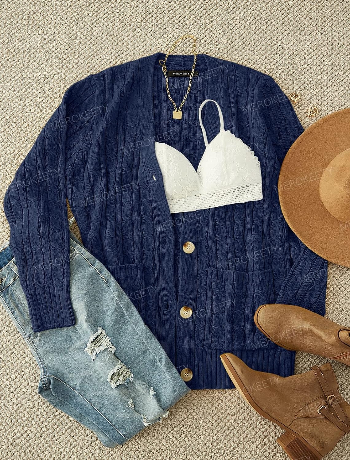 image:imageMEROKEETY Womens Fall Cable Knit Button Up Oversized Light Cardigan SweaterNavy