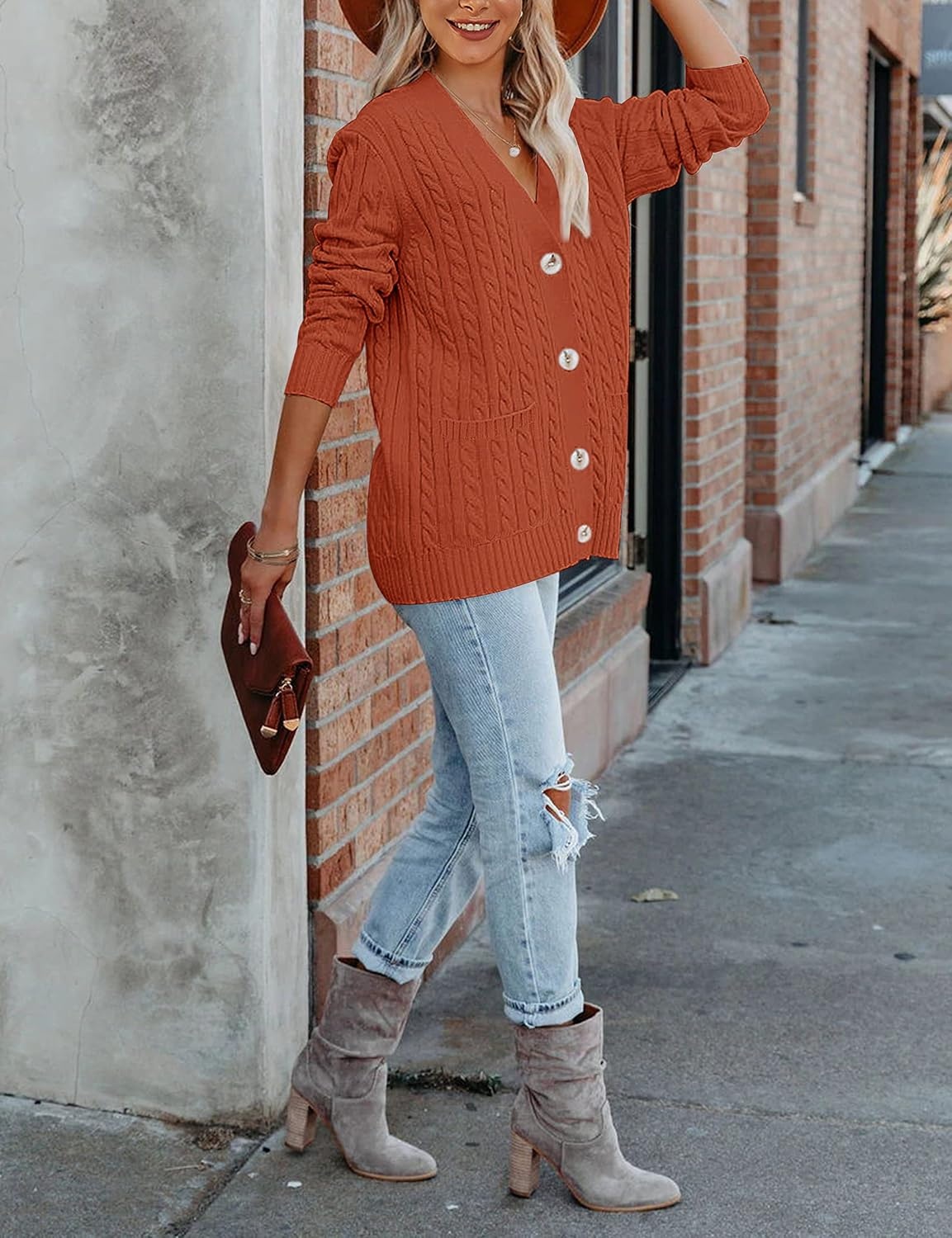image:imageMEROKEETY Womens Fall Cable Knit Button Up Oversized Light Cardigan SweaterRust