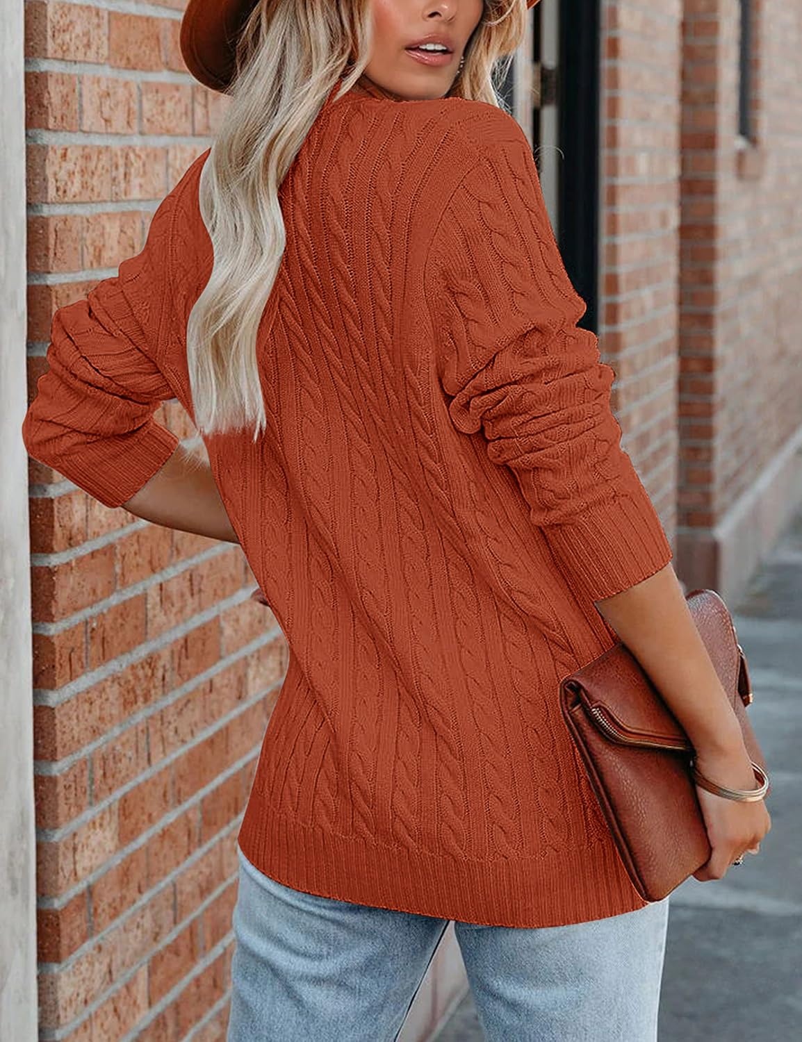 image:imageMEROKEETY Womens Fall Cable Knit Button Up Oversized Light Cardigan SweaterRust