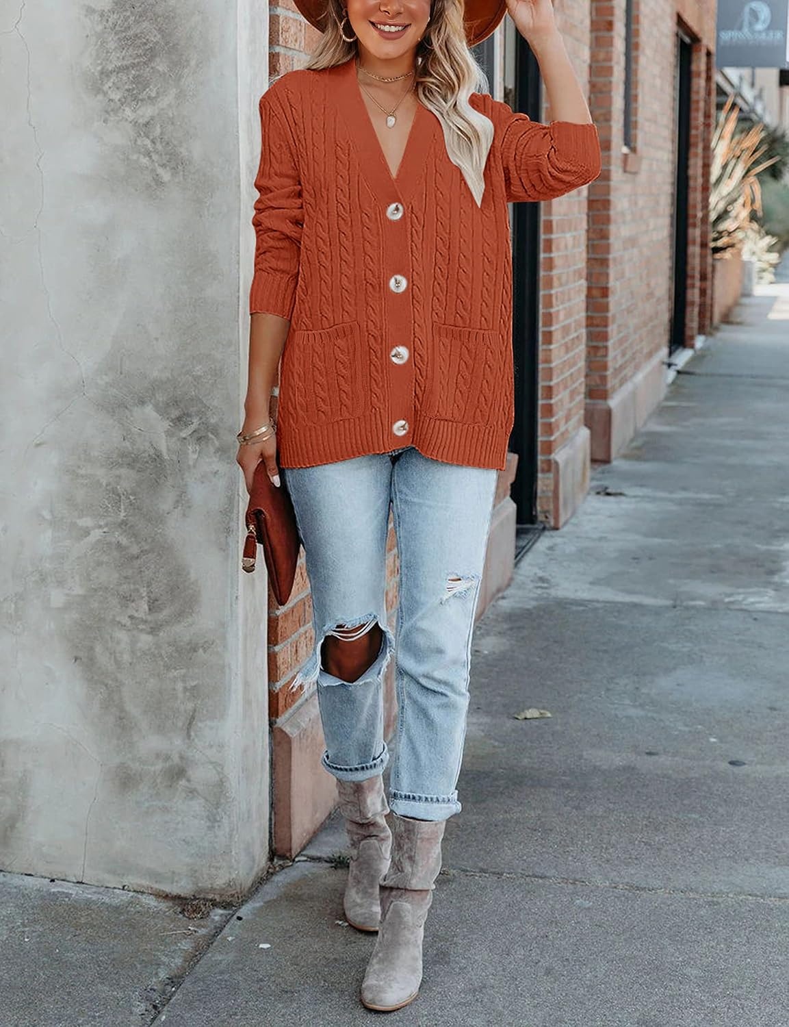 image:imageMEROKEETY Womens Fall Cable Knit Button Up Oversized Light Cardigan SweaterRust