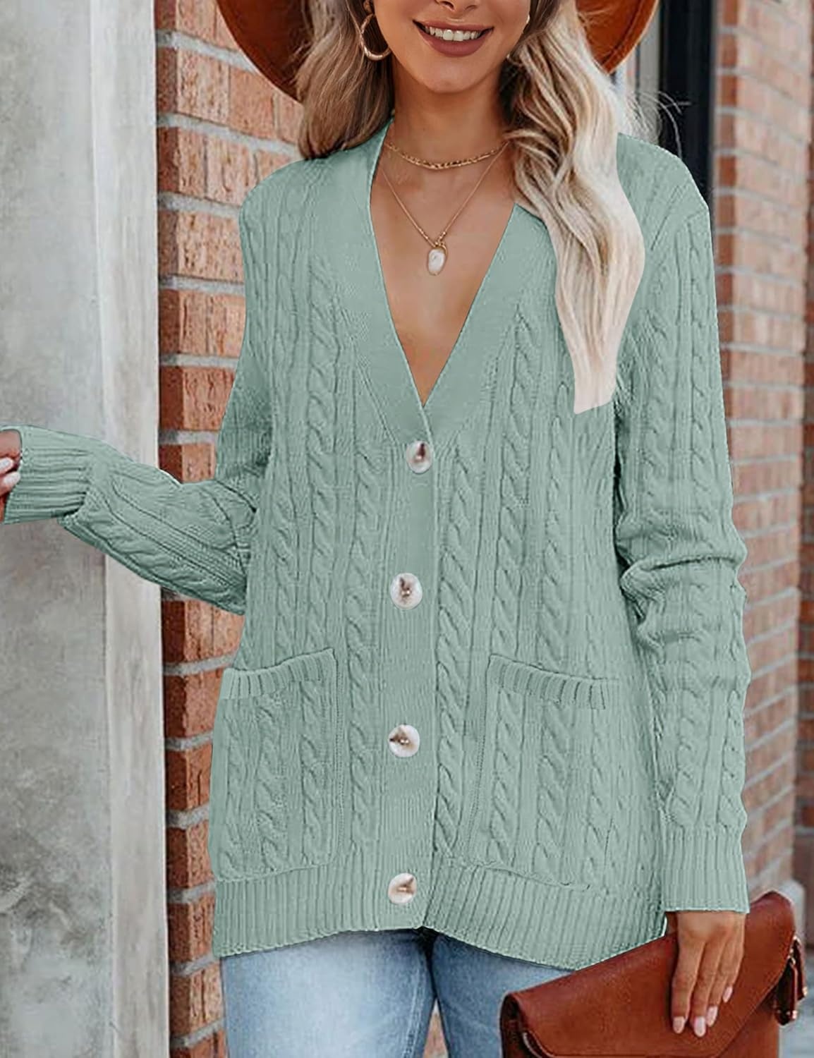 image:imageMEROKEETY Womens Fall Cable Knit Button Up Oversized Light Cardigan SweaterSage