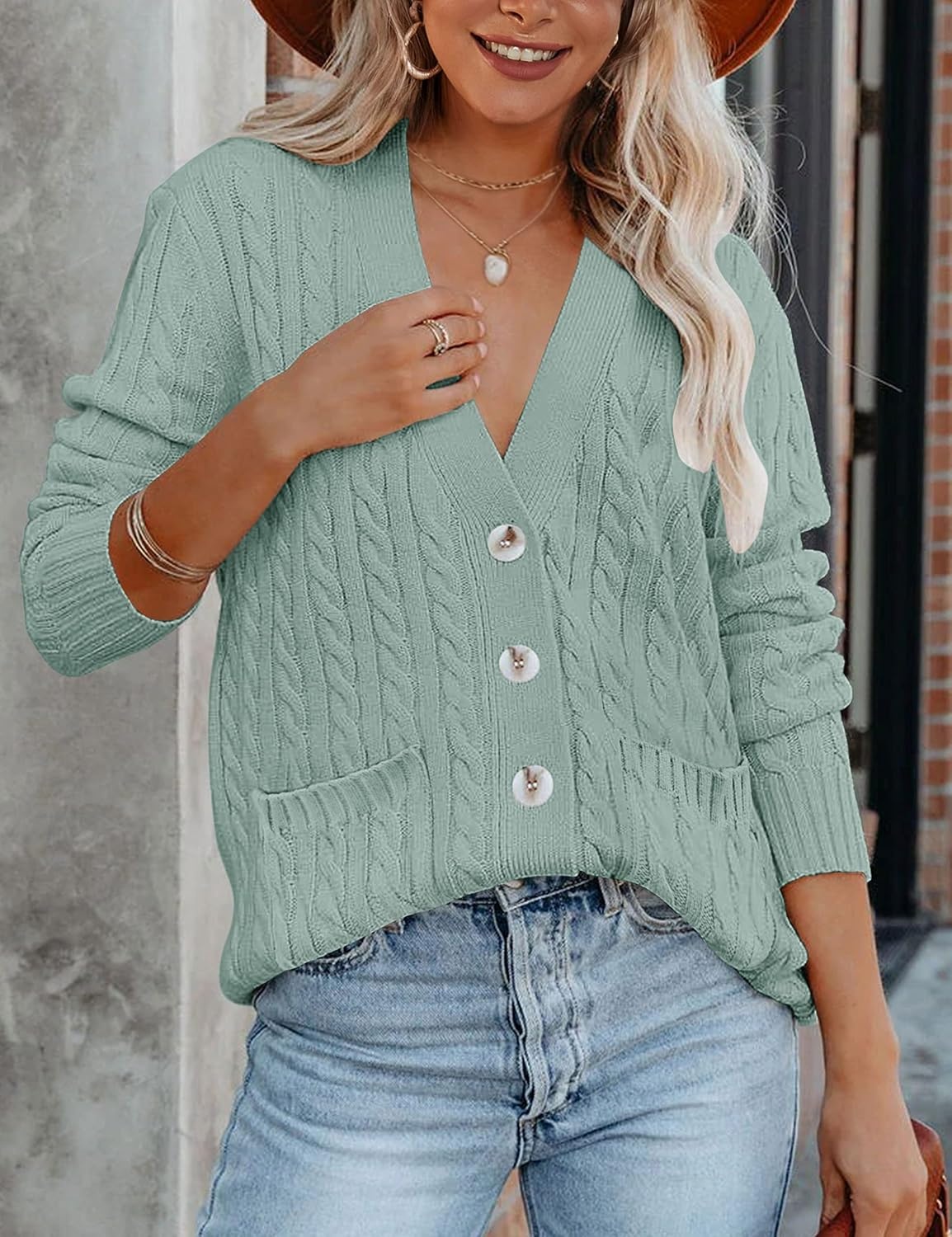 image:imageMEROKEETY Womens Fall Cable Knit Button Up Oversized Light Cardigan SweaterSage