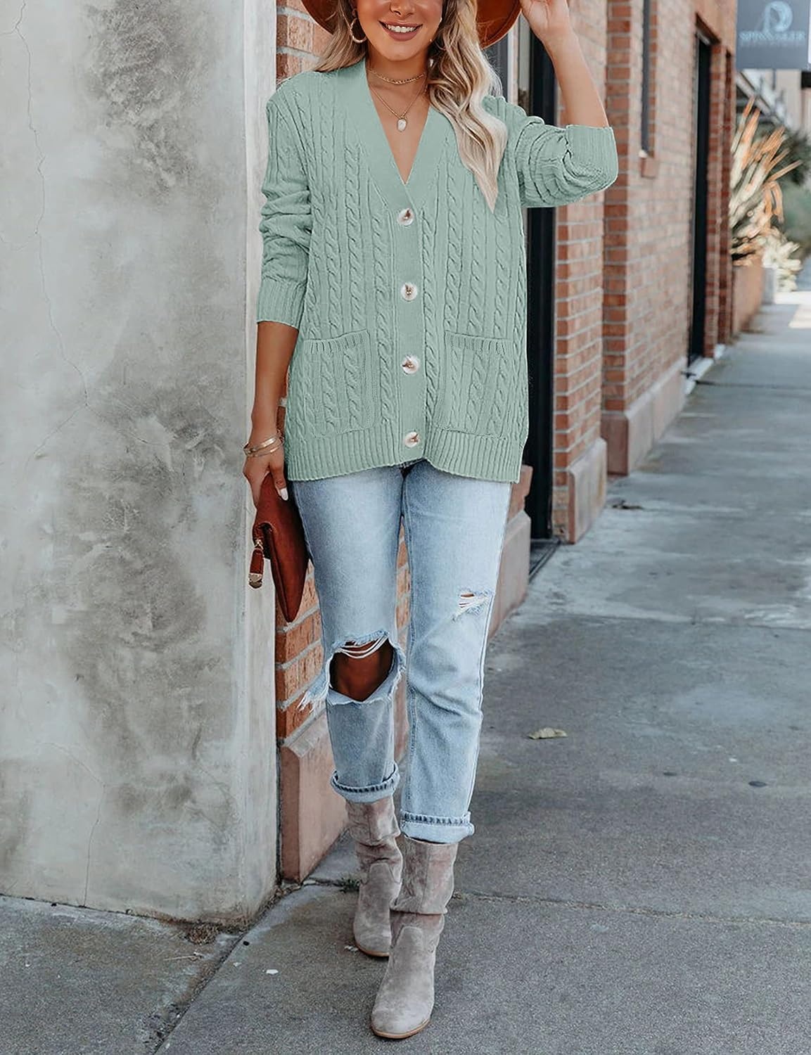 image:imageMEROKEETY Womens Fall Cable Knit Button Up Oversized Light Cardigan SweaterSage