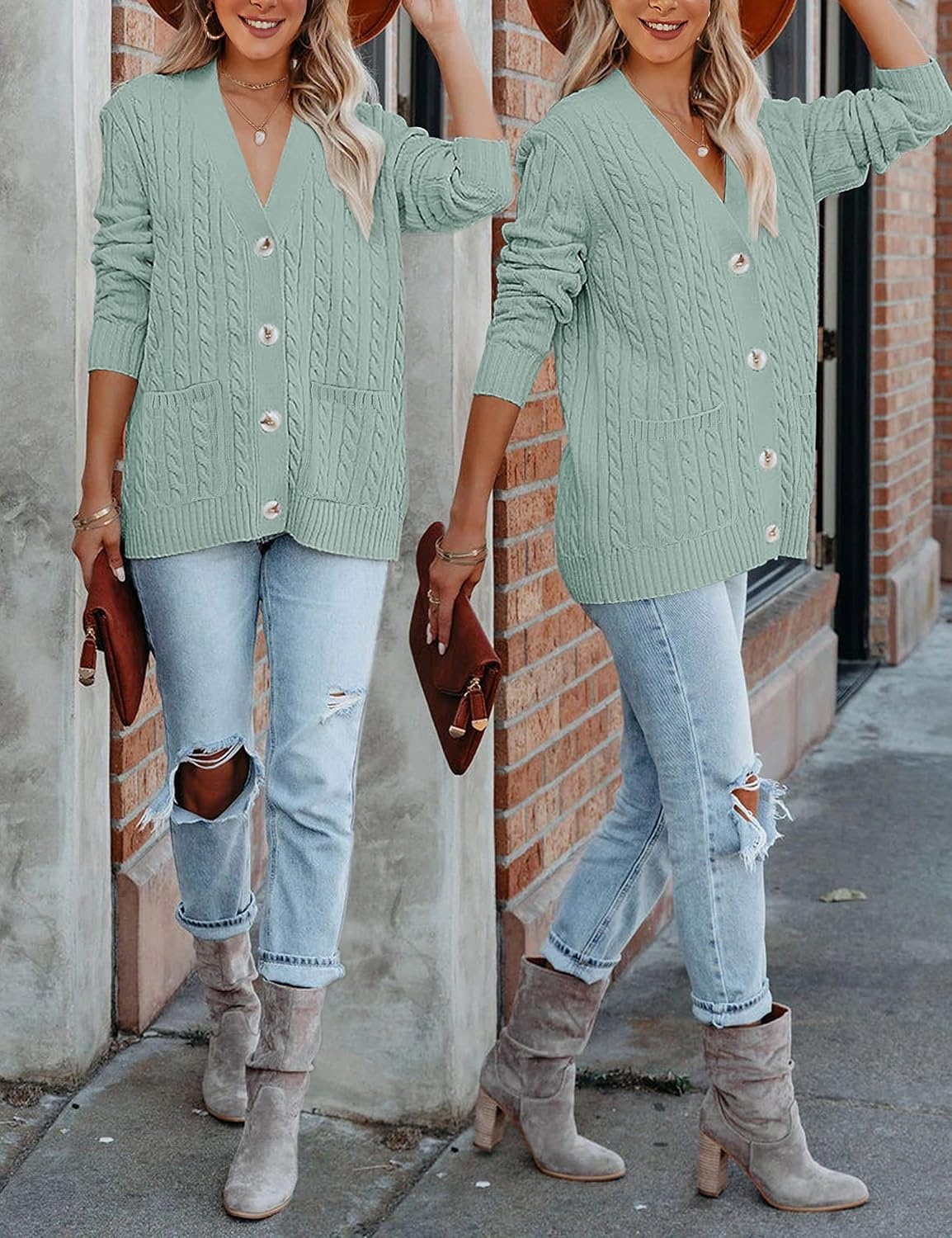 image:imageMEROKEETY Womens Fall Cable Knit Button Up Oversized Light Cardigan SweaterSage