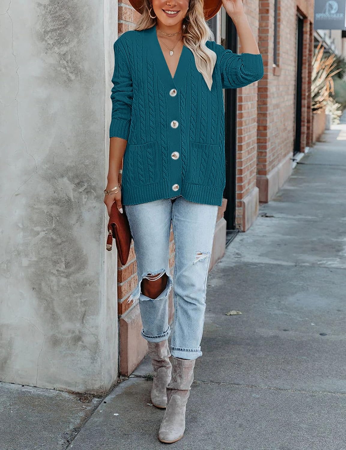 image:imageMEROKEETY Womens Fall Cable Knit Button Up Oversized Light Cardigan SweaterTeal