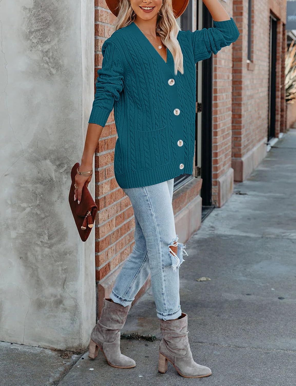 image:imageMEROKEETY Womens Fall Cable Knit Button Up Oversized Light Cardigan SweaterTeal