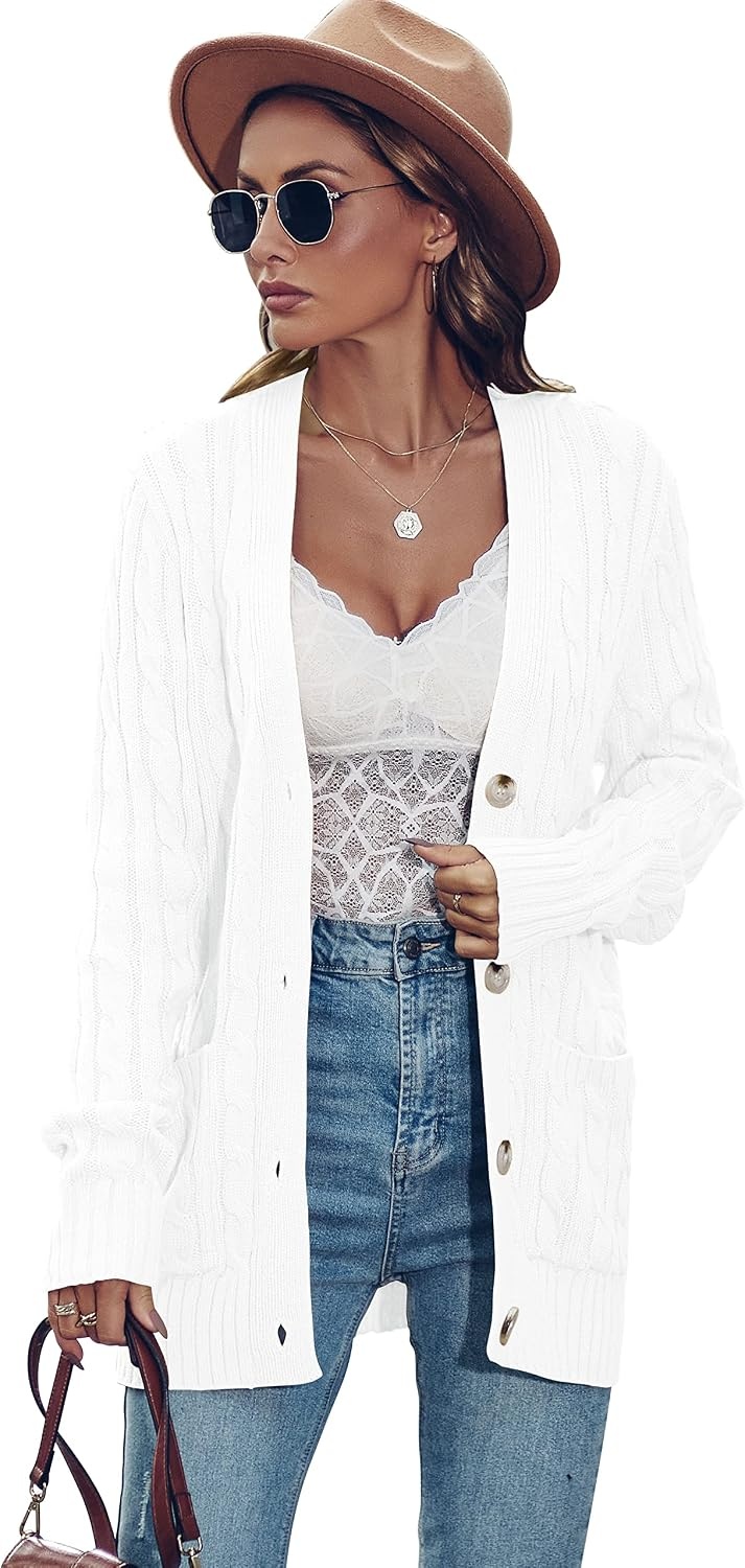 image:imageMEROKEETY Womens Fall Cable Knit Button Up Oversized Light Cardigan SweaterWhite