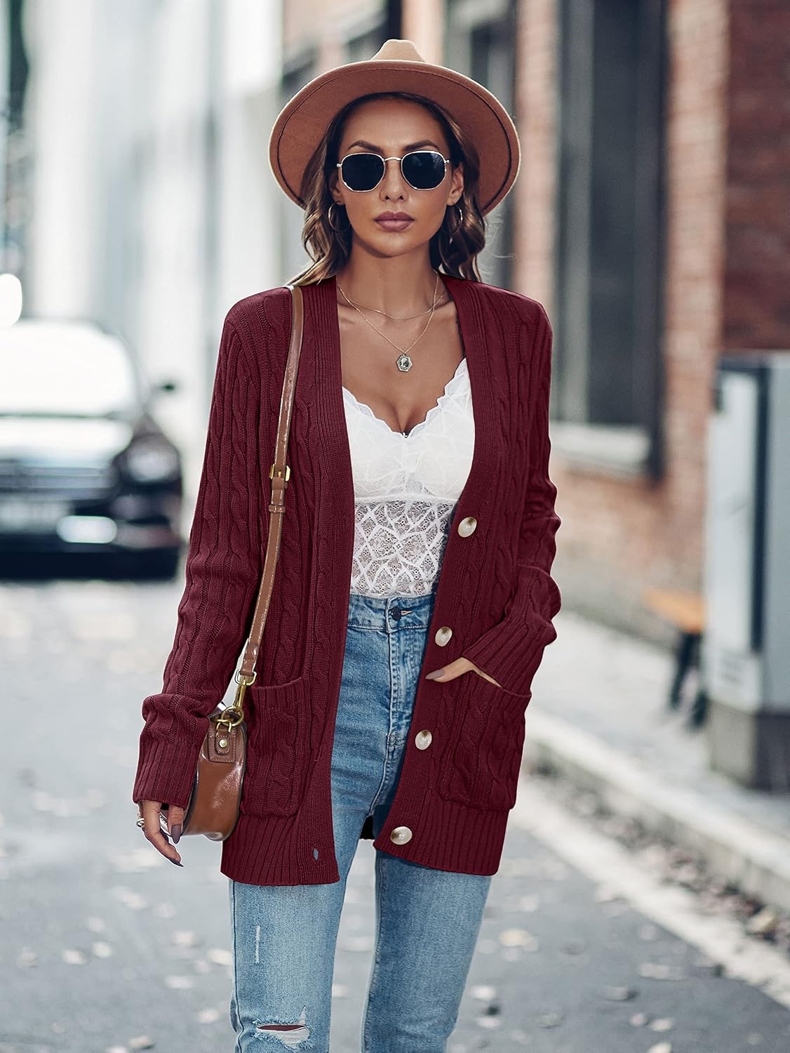 image:imageMEROKEETY Womens Fall Cable Knit Button Up Oversized Light Cardigan SweaterWine