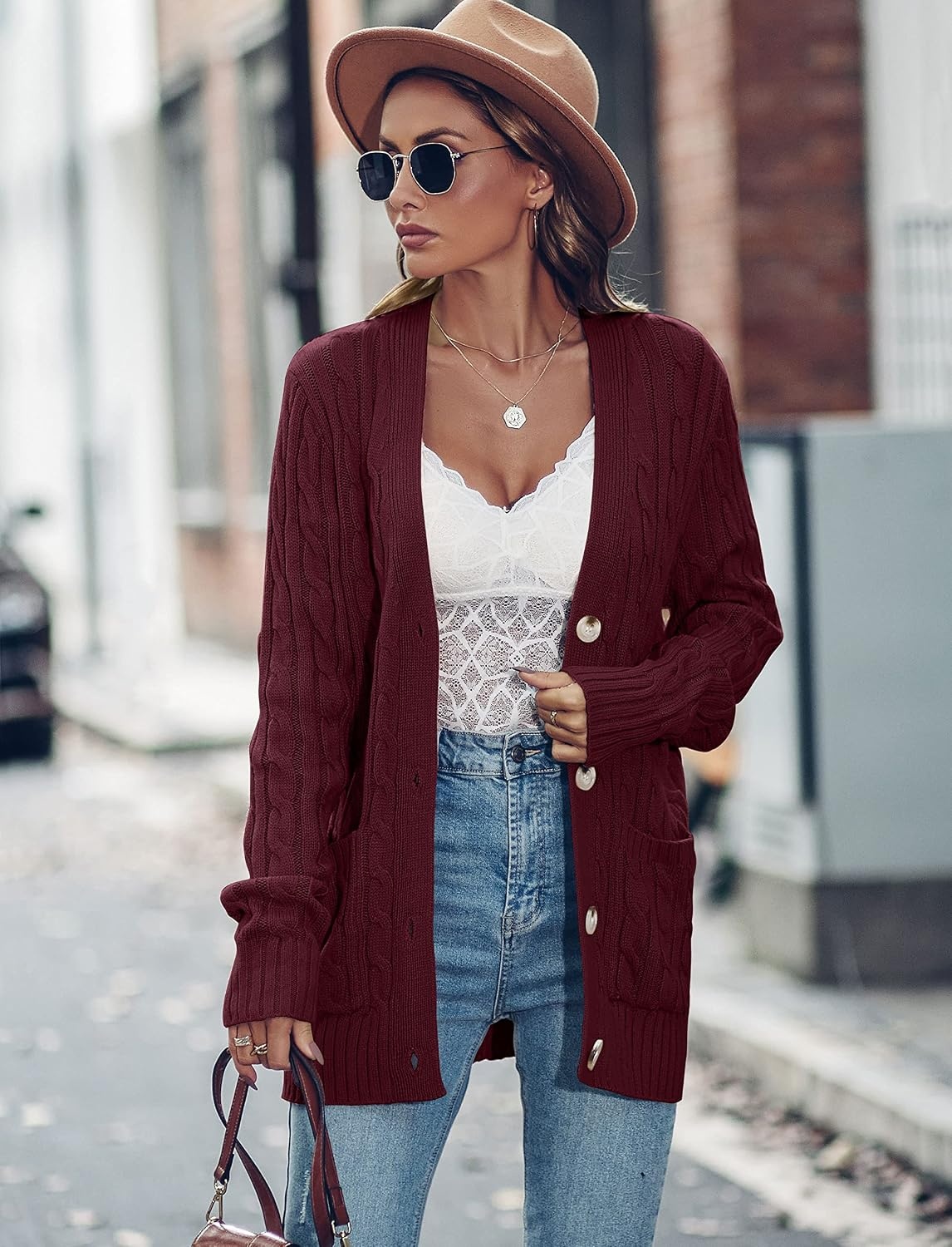 image:imageMEROKEETY Womens Fall Cable Knit Button Up Oversized Light Cardigan SweaterWine