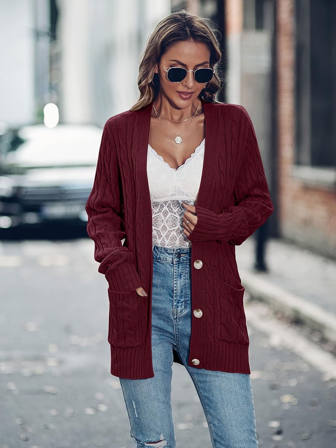 image:imageMEROKEETY Womens Fall Cable Knit Button Up Oversized Light Cardigan SweaterWine