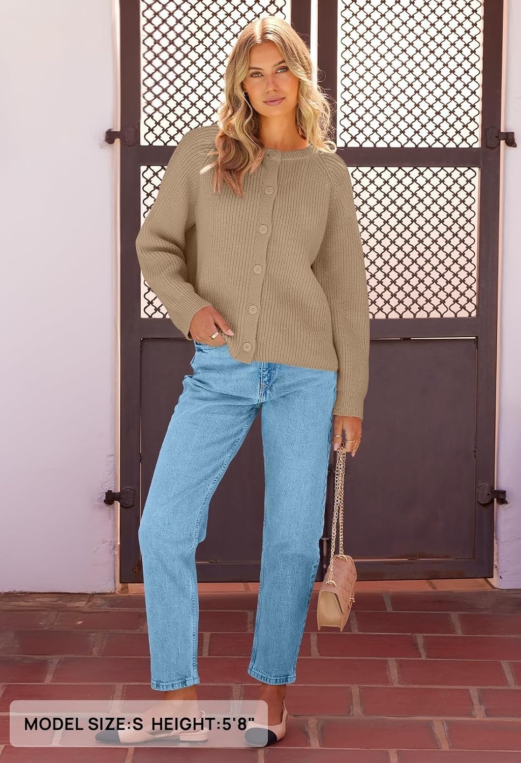 image:imageMEROKEETY Womens Fall Long Sleeve Button Up Cardigan SweaterLight Khaki
