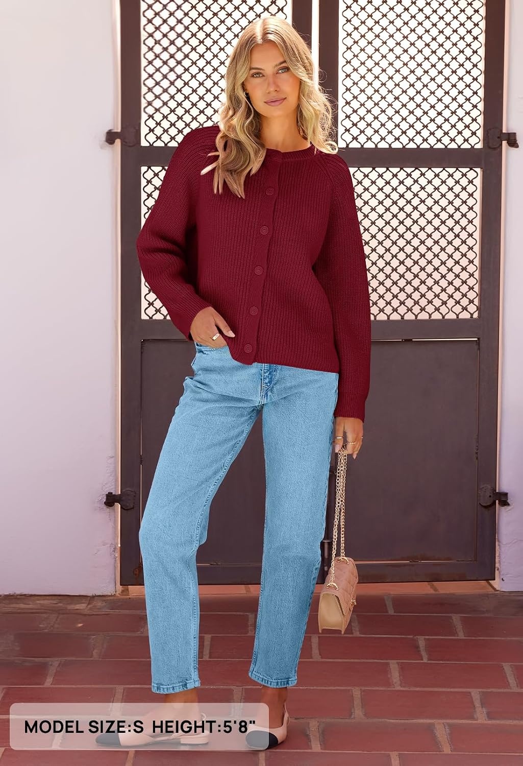 image:imageMEROKEETY Womens Fall Long Sleeve Button Up Cardigan SweaterRed