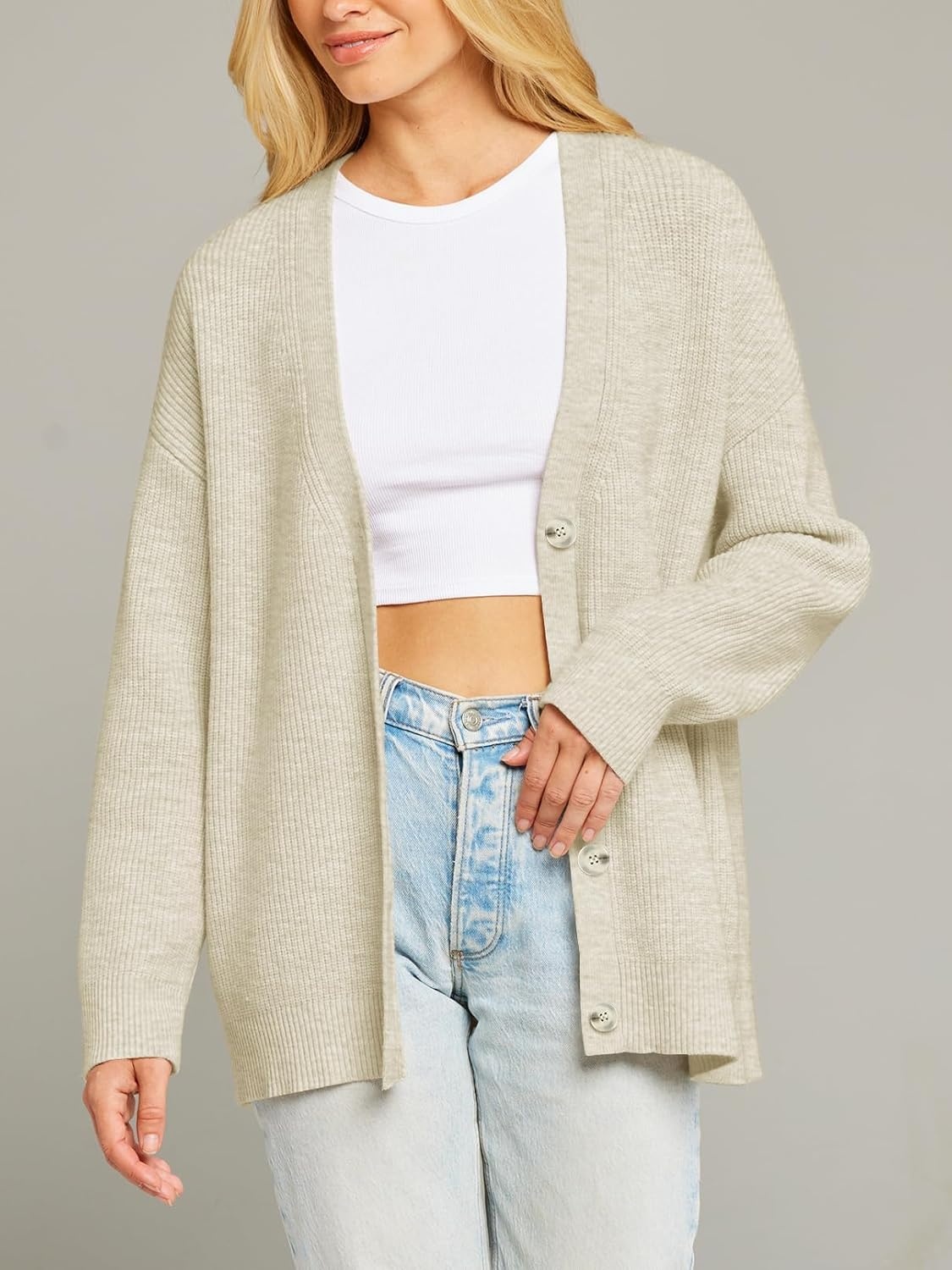 image:imageMEROKEETY Womens Fall Trendy Oversized V Neck Cardigan SweatersApricot