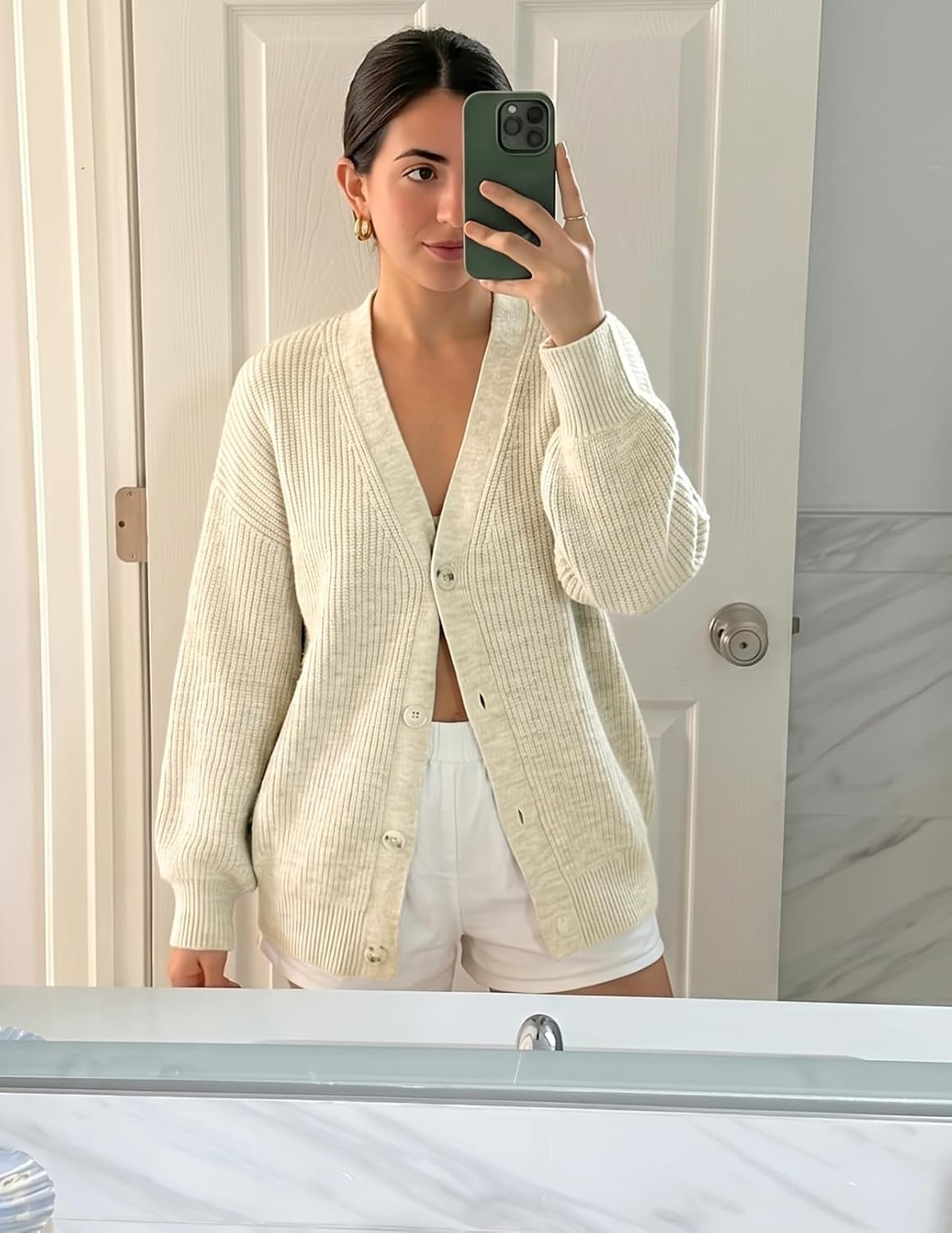 image:imageMEROKEETY Womens Fall Trendy Oversized V Neck Cardigan SweatersApricot