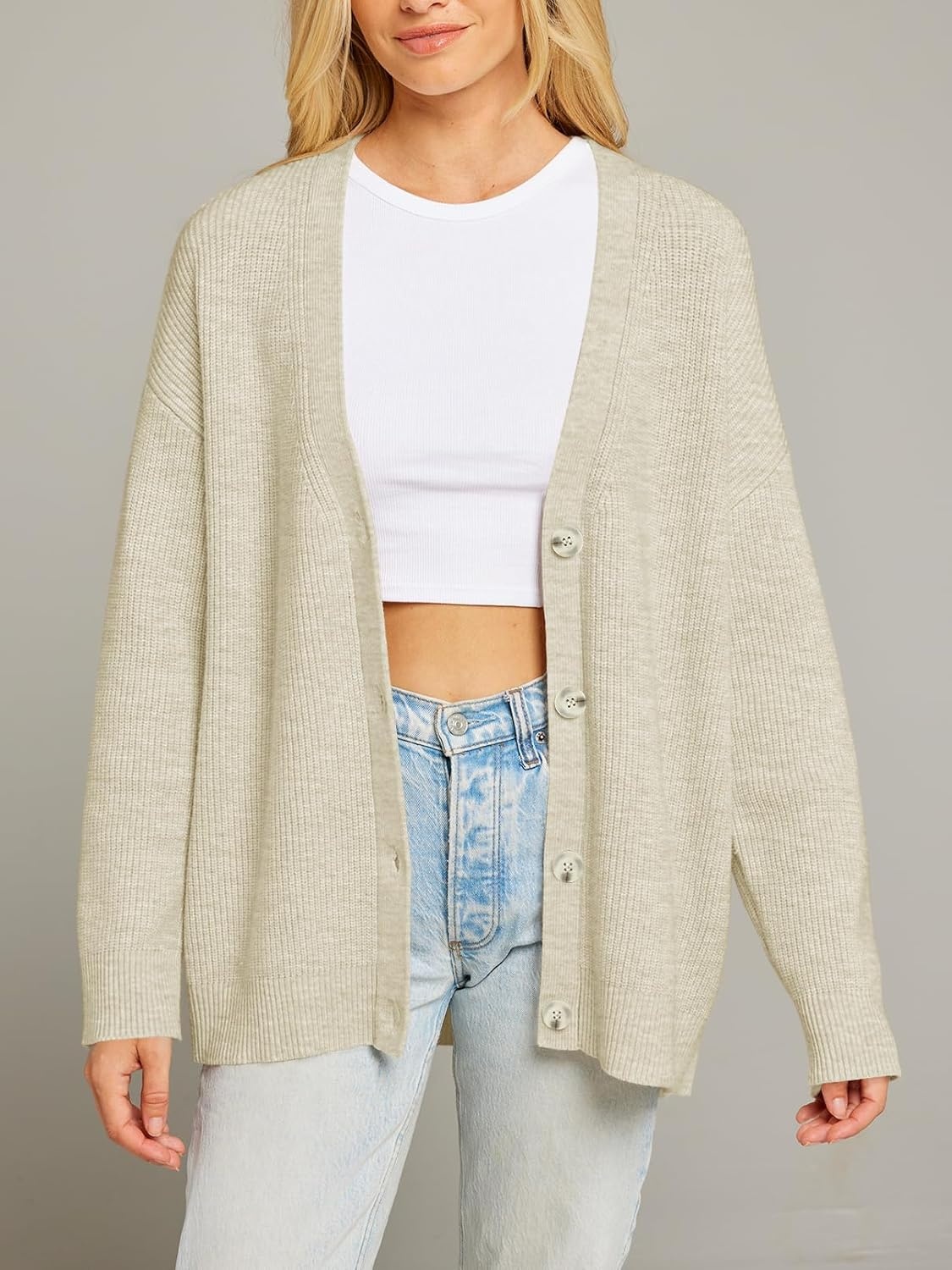 image:imageMEROKEETY Womens Fall Trendy Oversized V Neck Cardigan SweatersApricot