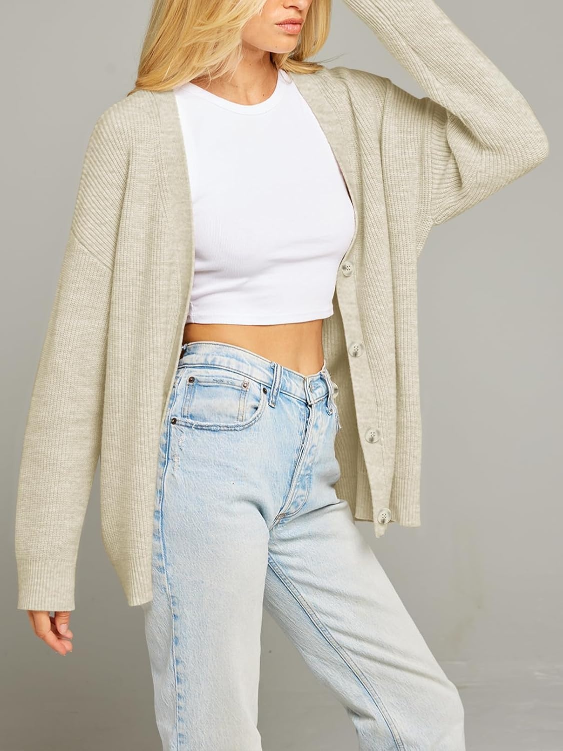 image:imageMEROKEETY Womens Fall Trendy Oversized V Neck Cardigan SweatersApricot