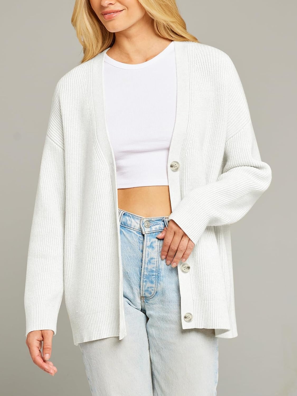 image:imageMEROKEETY Womens Fall Trendy Oversized V Neck Cardigan SweatersBeige