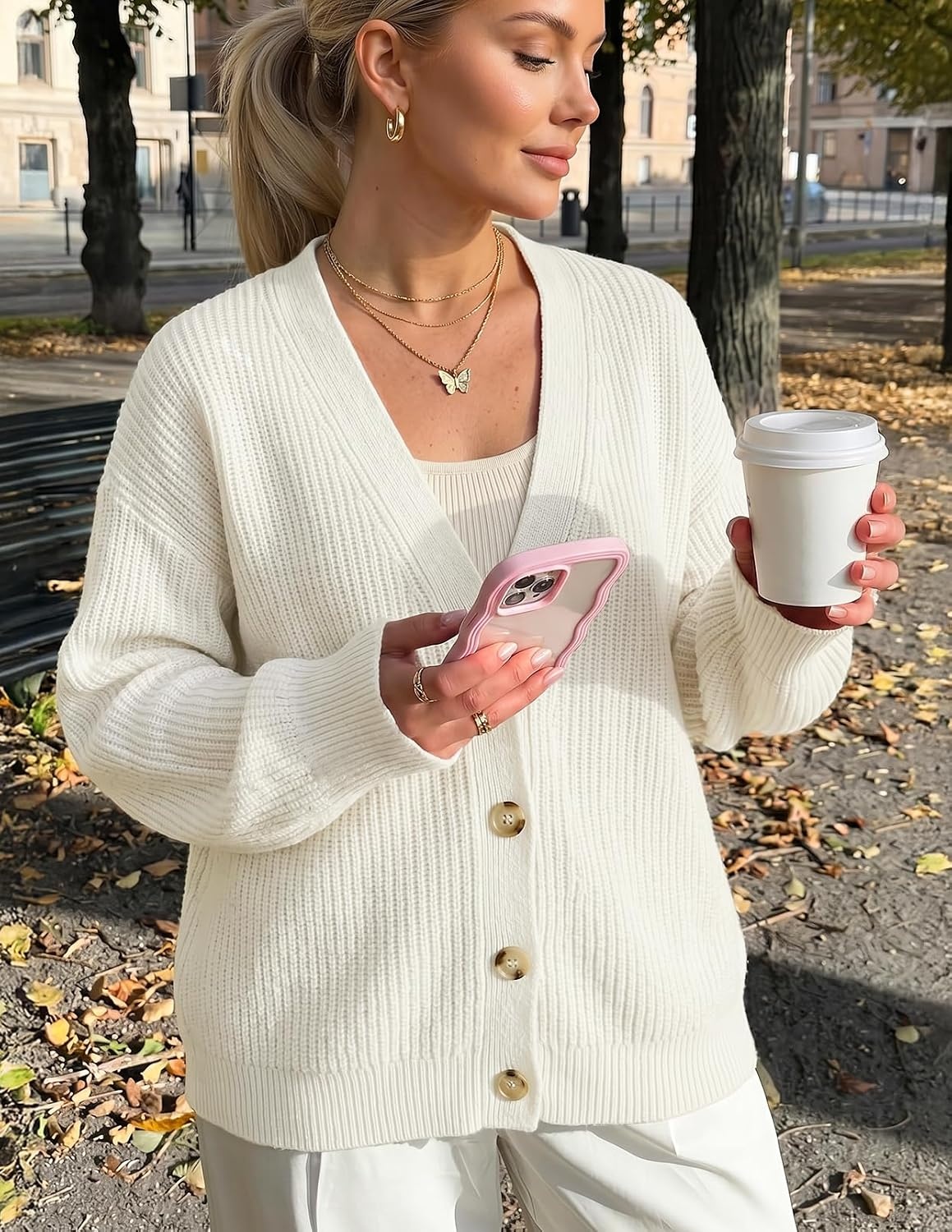image:imageMEROKEETY Womens Fall Trendy Oversized V Neck Cardigan SweatersBeige