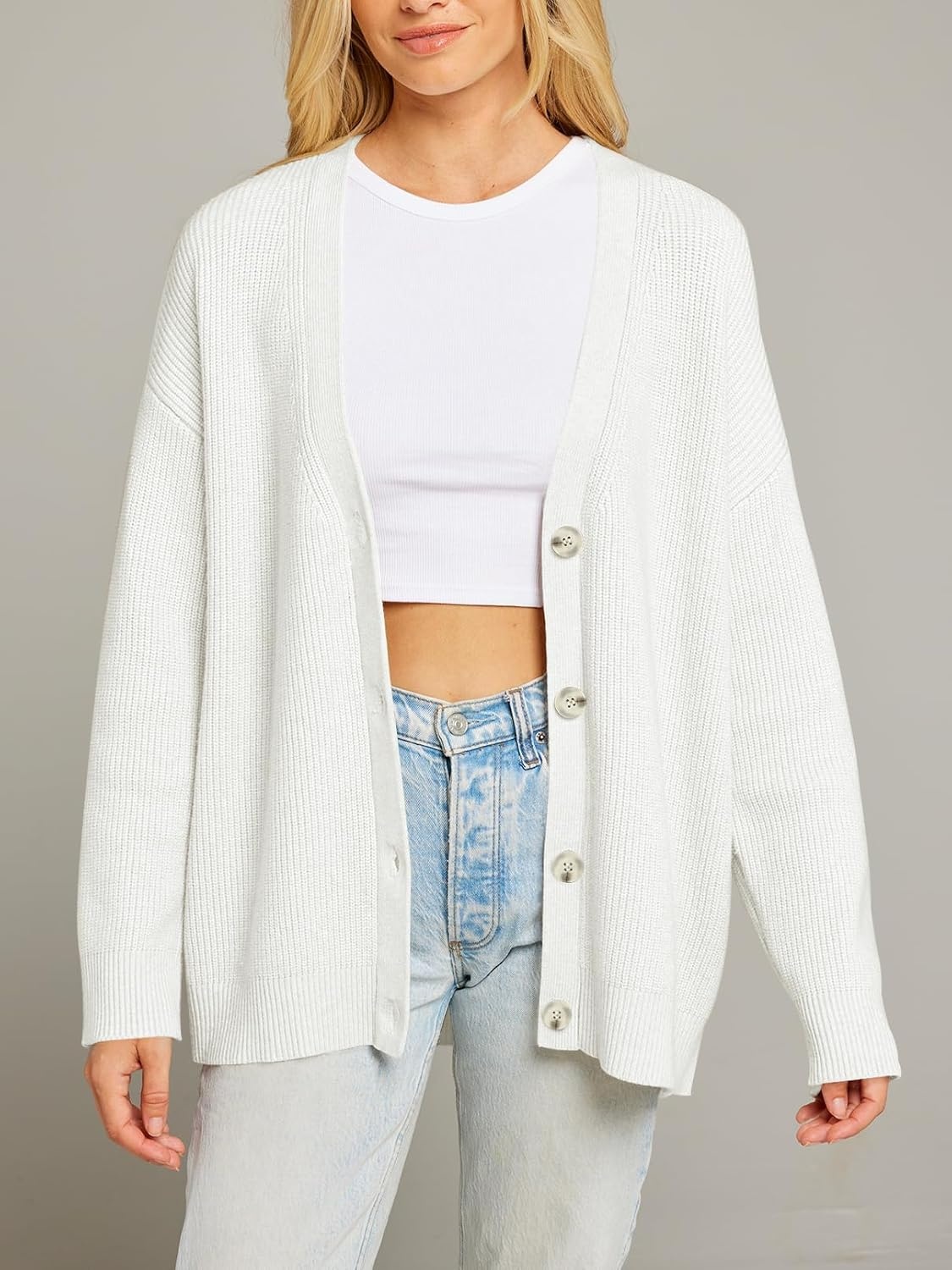 image:imageMEROKEETY Womens Fall Trendy Oversized V Neck Cardigan SweatersBeige