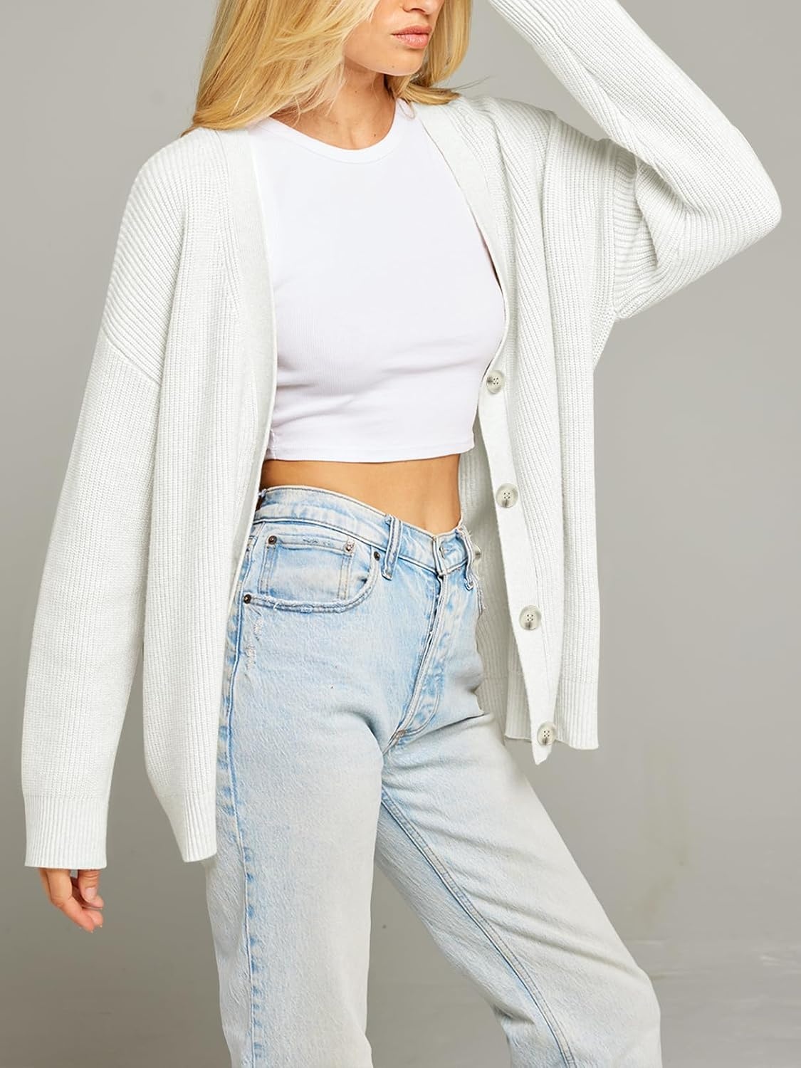 image:imageMEROKEETY Womens Fall Trendy Oversized V Neck Cardigan SweatersBeige