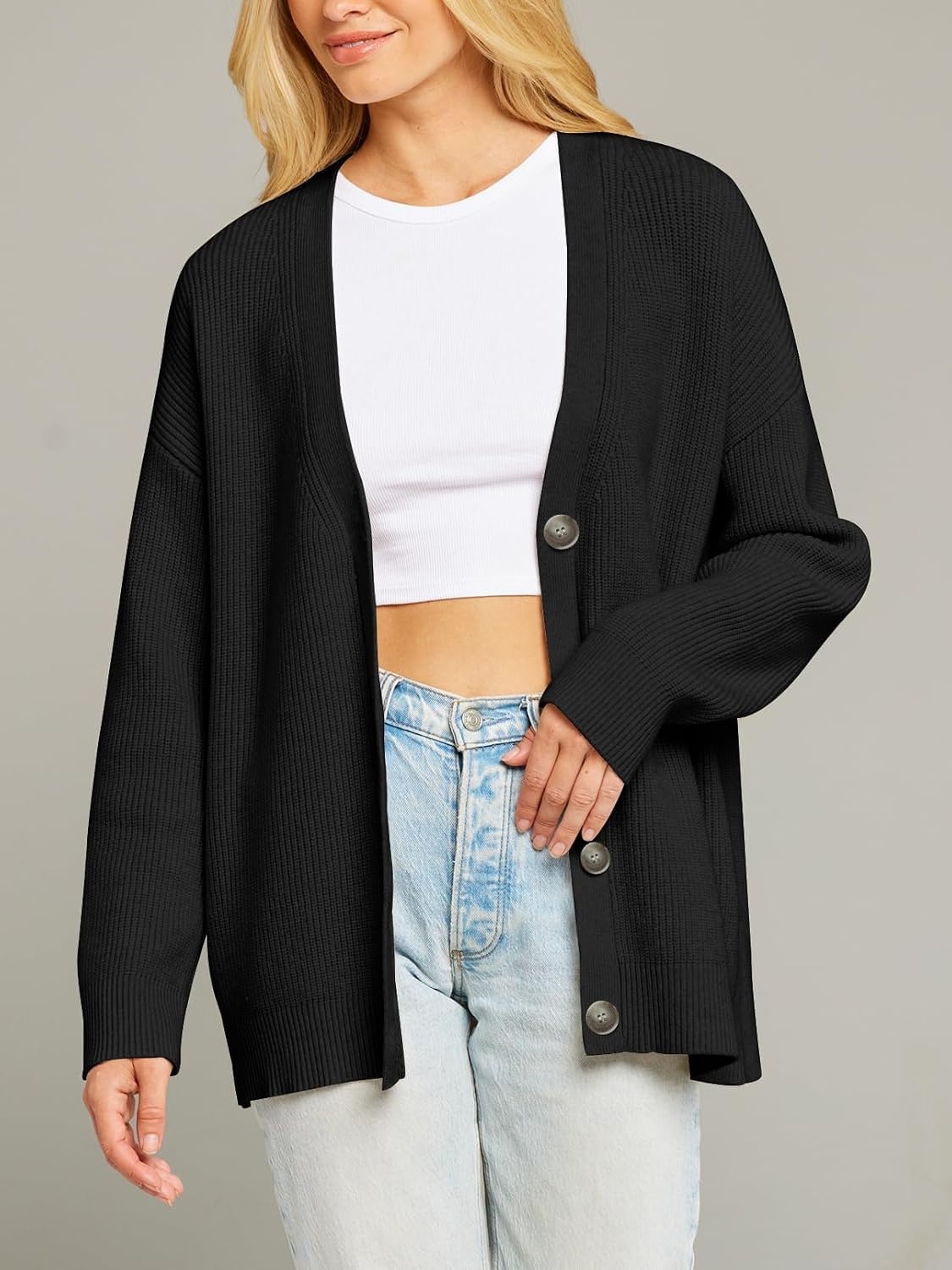 image:imageMEROKEETY Womens Fall Trendy Oversized V Neck Cardigan SweatersBlack